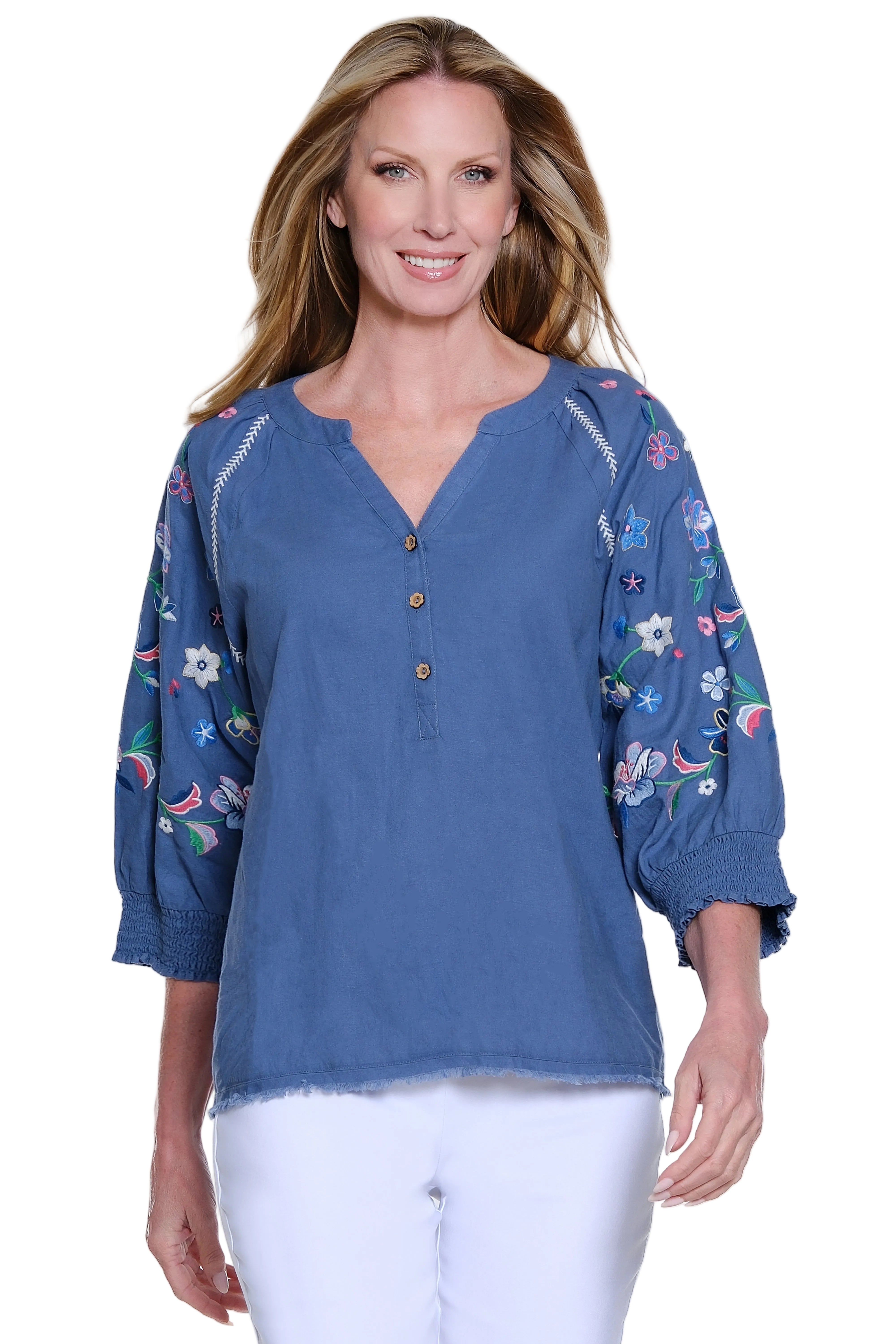 Ali Miles Woven Popover with Embroidered  Raglan Sleeves (A26631TM)(Blue)