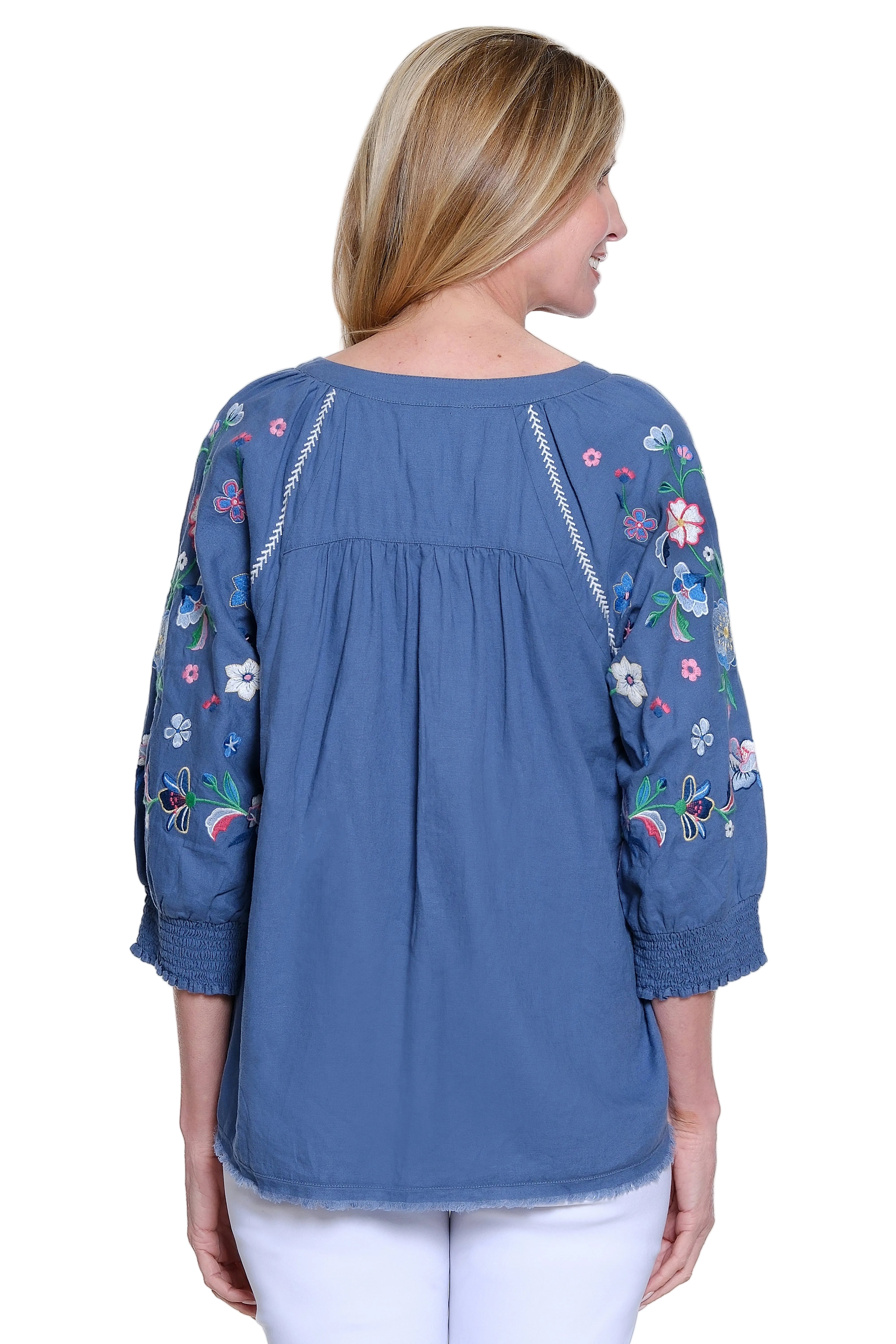 Ali Miles Woven Popover with Embroidered  Raglan Sleeves (A26631TM)(Blue)