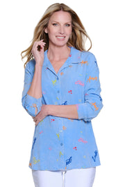 Ali Miles Allover Embroidered Sleeves Button Front Blouse (A26635TM)(BlueMist )