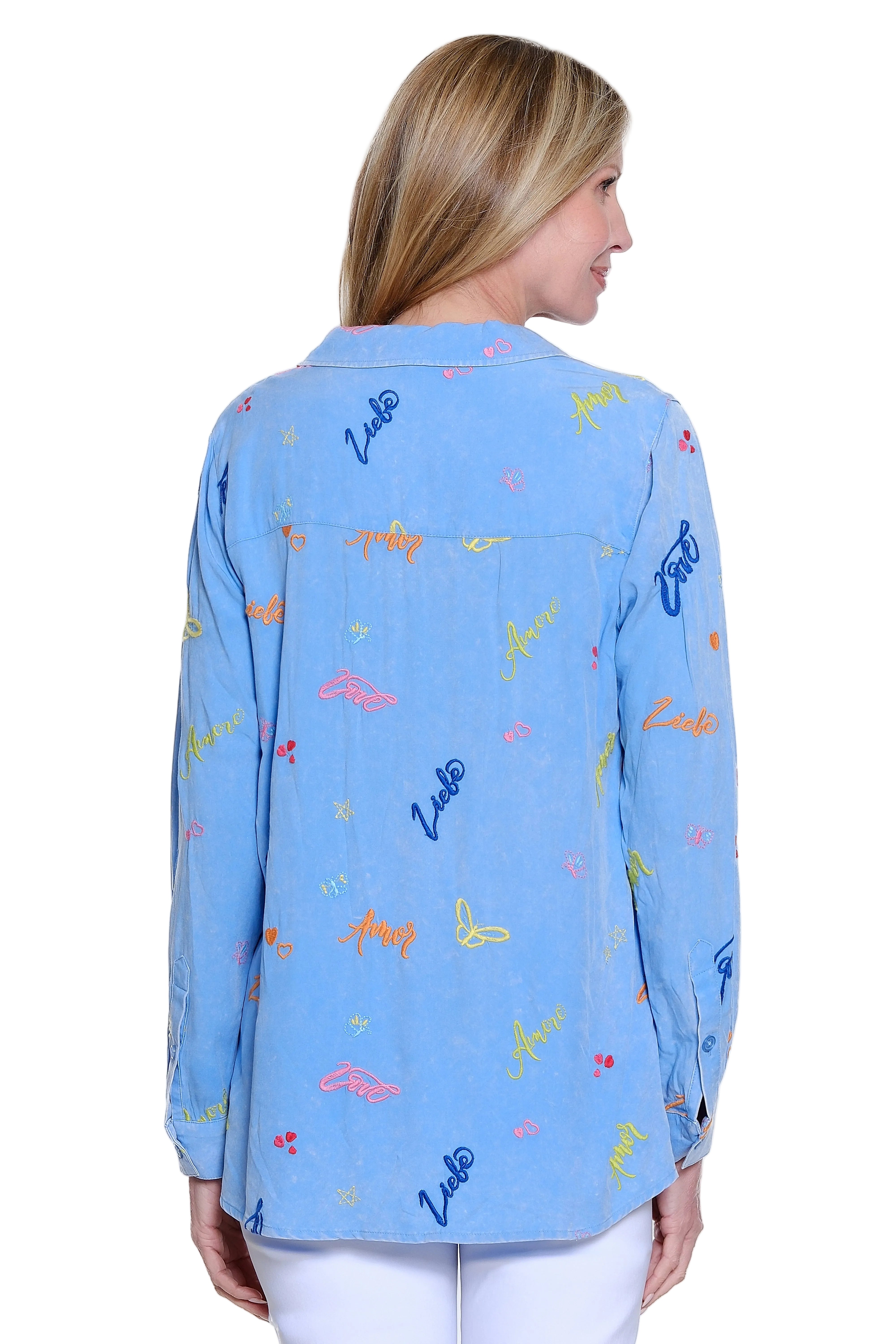 Ali Miles Allover Embroidered Sleeves Button Front Blouse (A26635TM)(BlueMist )