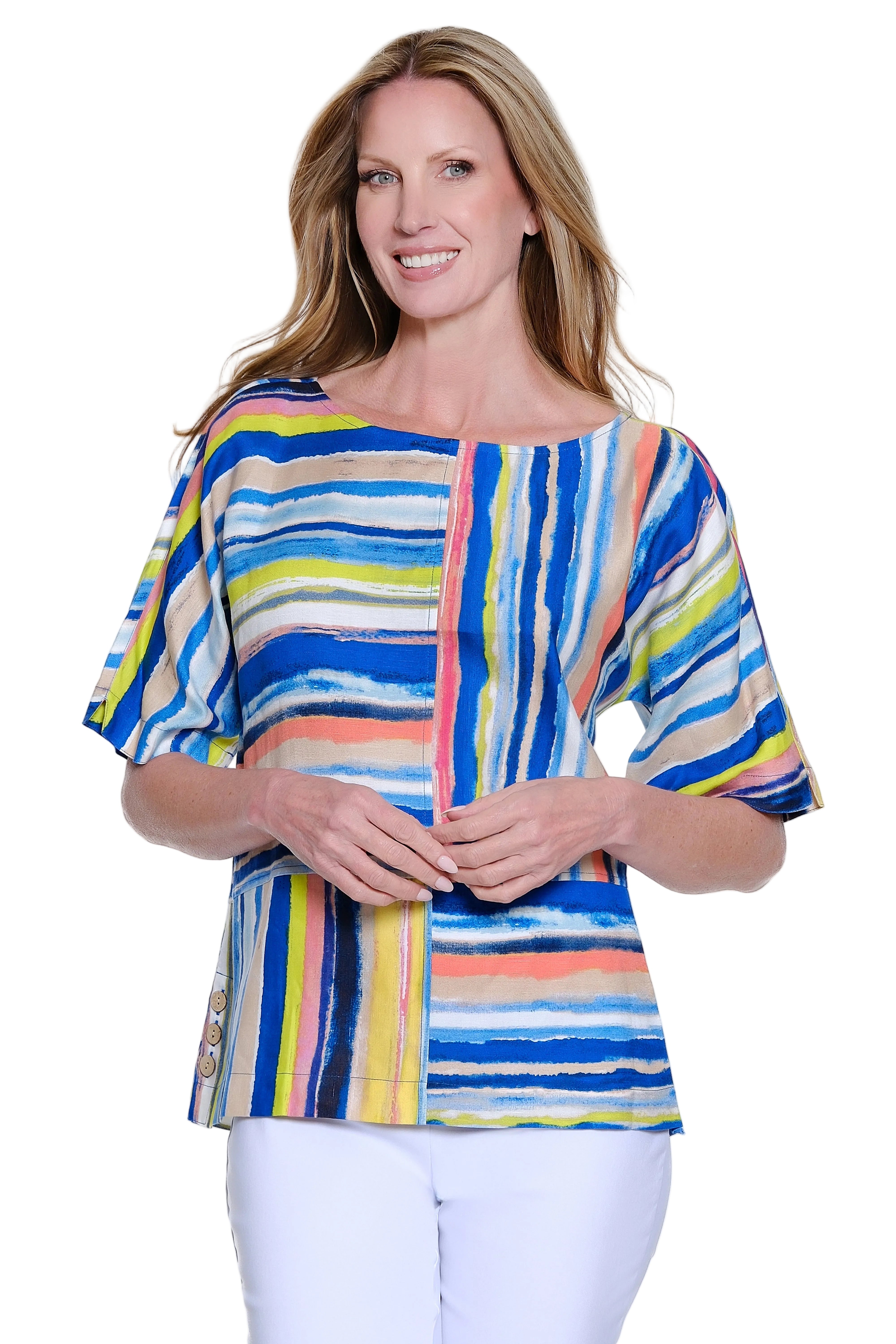 Ali Miles Woven stripe Short Sleeve Boxy Popover (A26636TM)(Multi)
