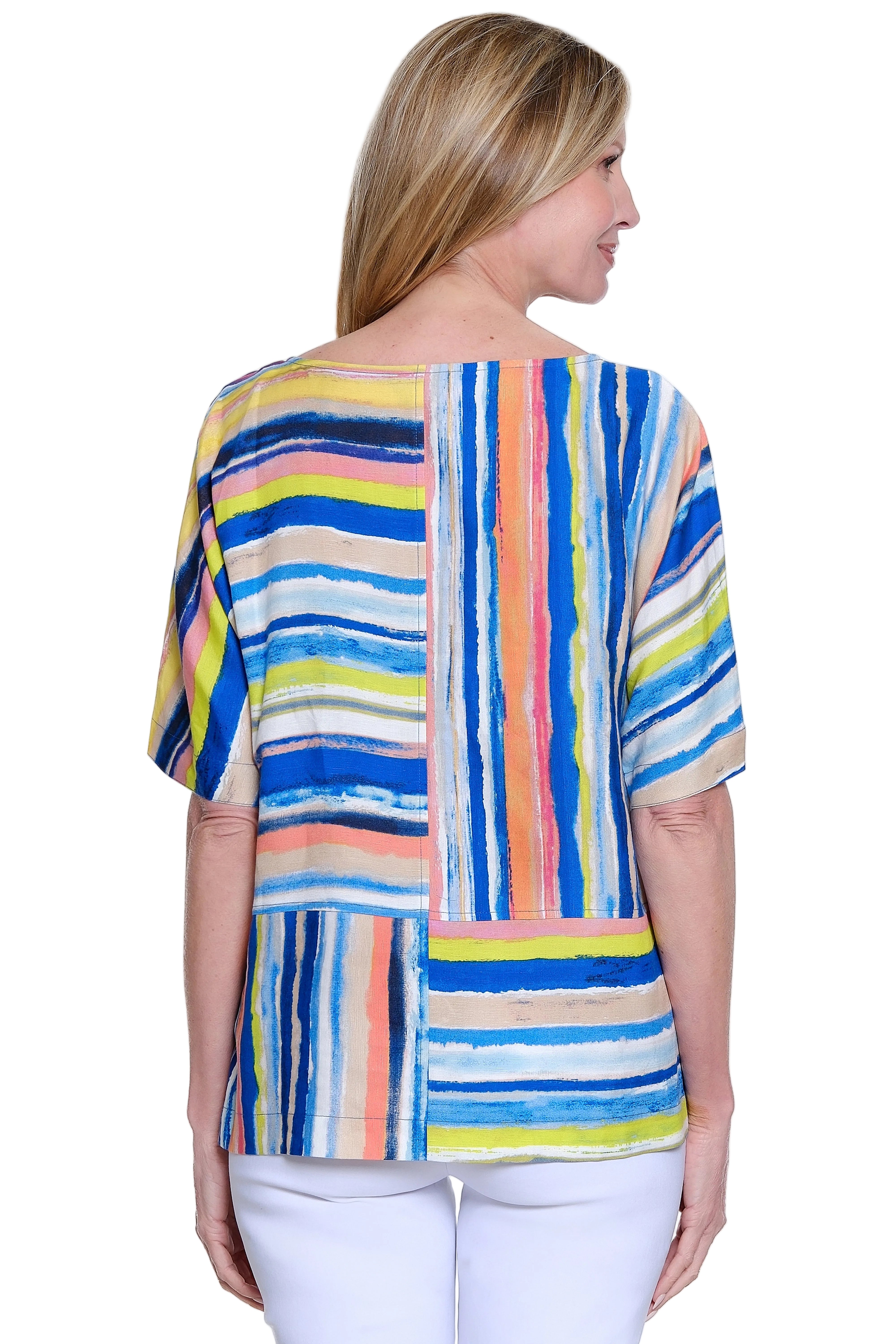 Ali Miles Woven stripe Short Sleeve Boxy Popover (A26636TM)(Multi)