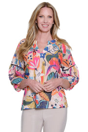 Ali Miles Printed Knit Pop-Over Ruffle Trim Top (A36709TM) (Tropical Floral Multi )