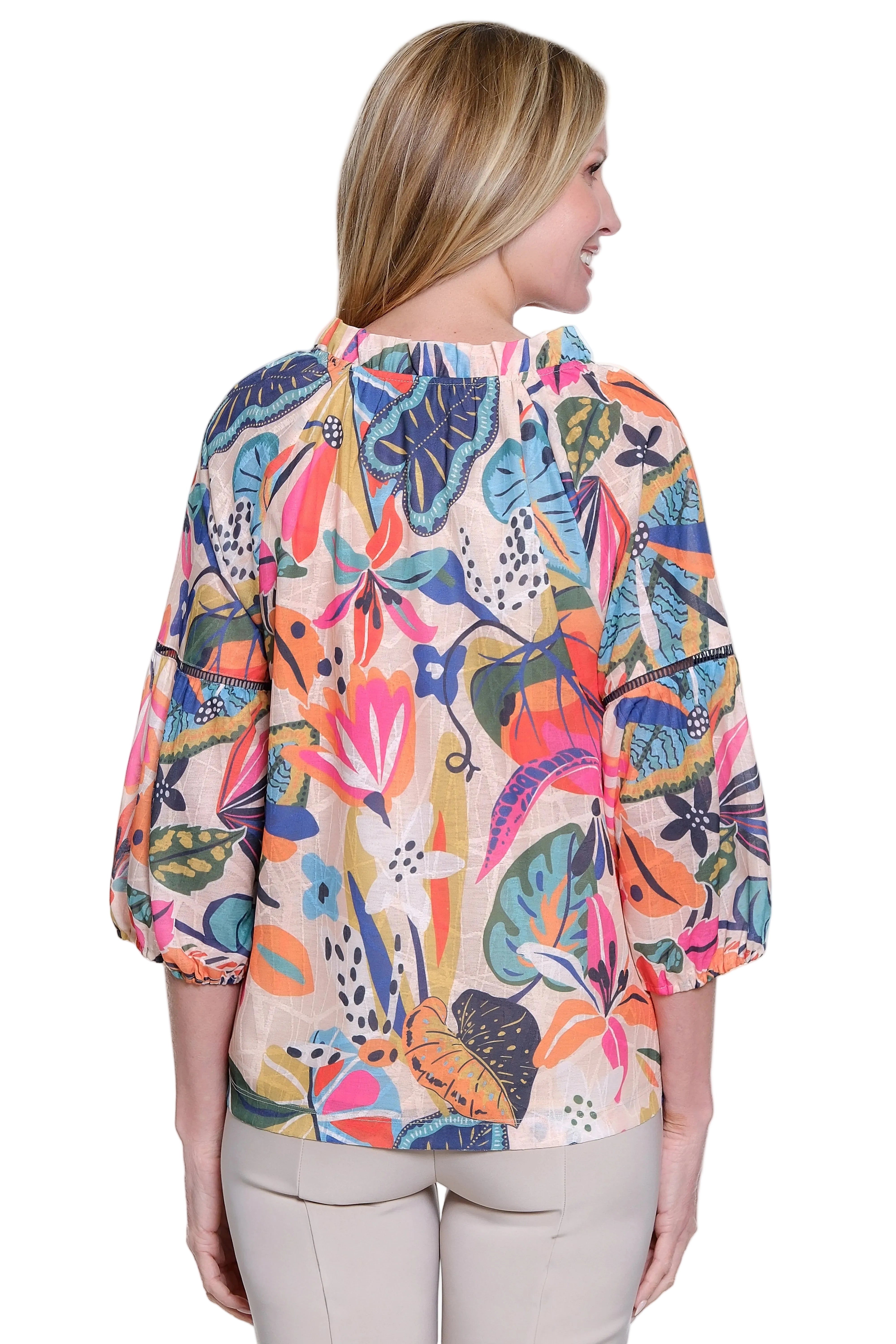 Ali Miles Printed Knit Pop-Over Ruffle Trim Top (A36709TM) (Tropical Floral Multi )