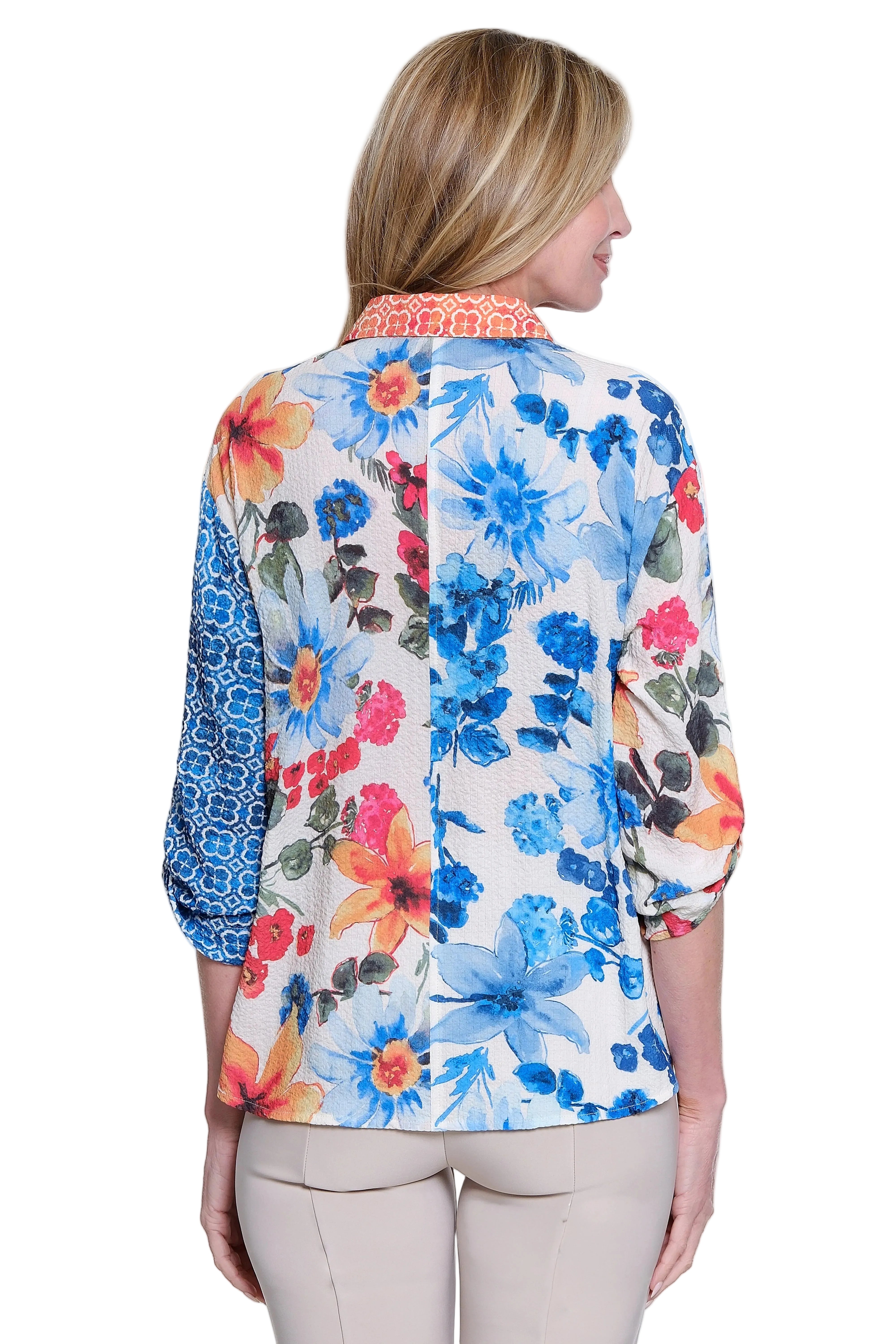 Ali Miles Printed Woven Textured Button Front Top (A36712BM) (Floral Multi)