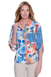 Ali Miles Printed Woven Textured Button Front Top (A36712BM) (Floral Multi)