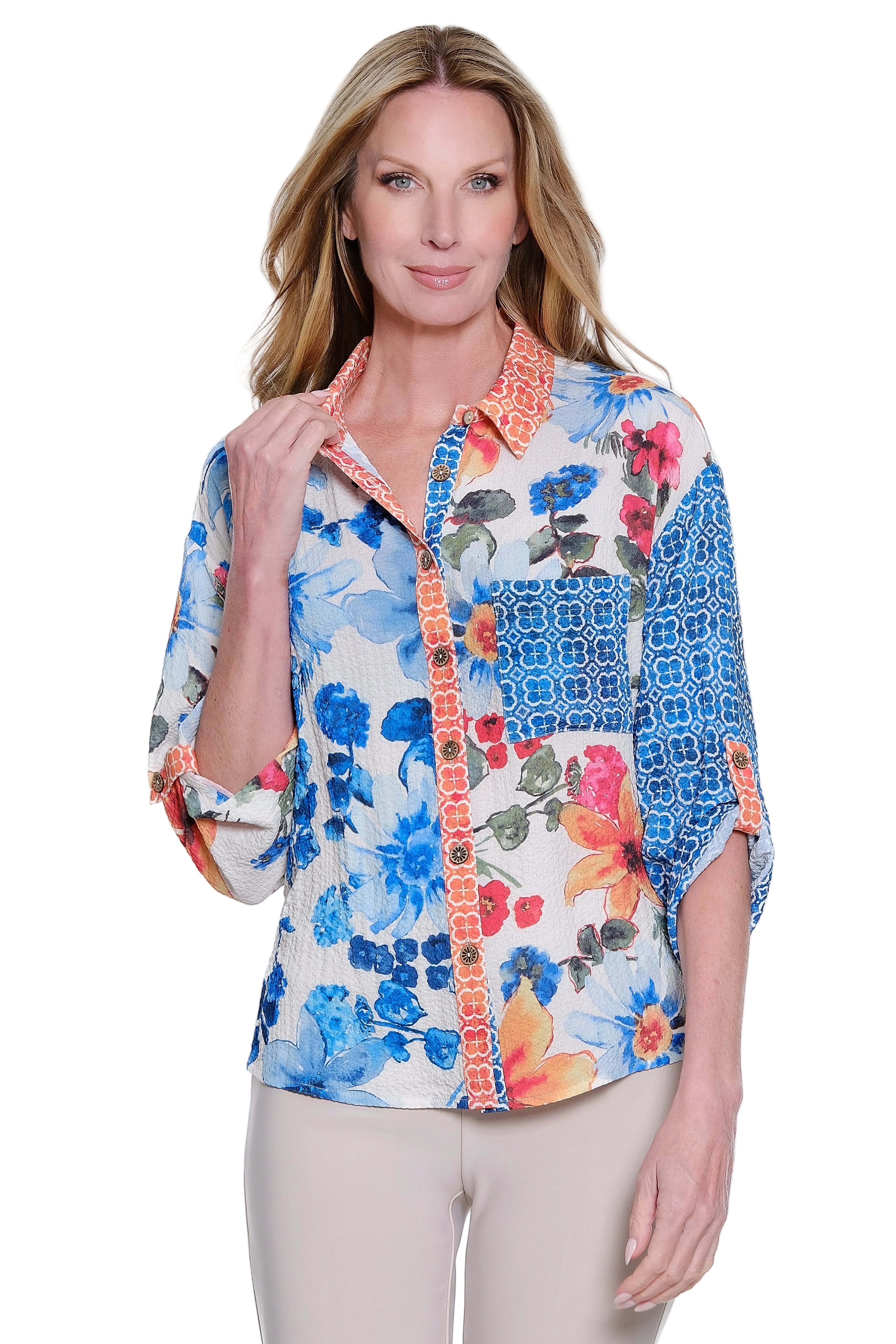 Ali Miles Printed Woven Textured Button Front Top (A36712BM) (Floral Multi)