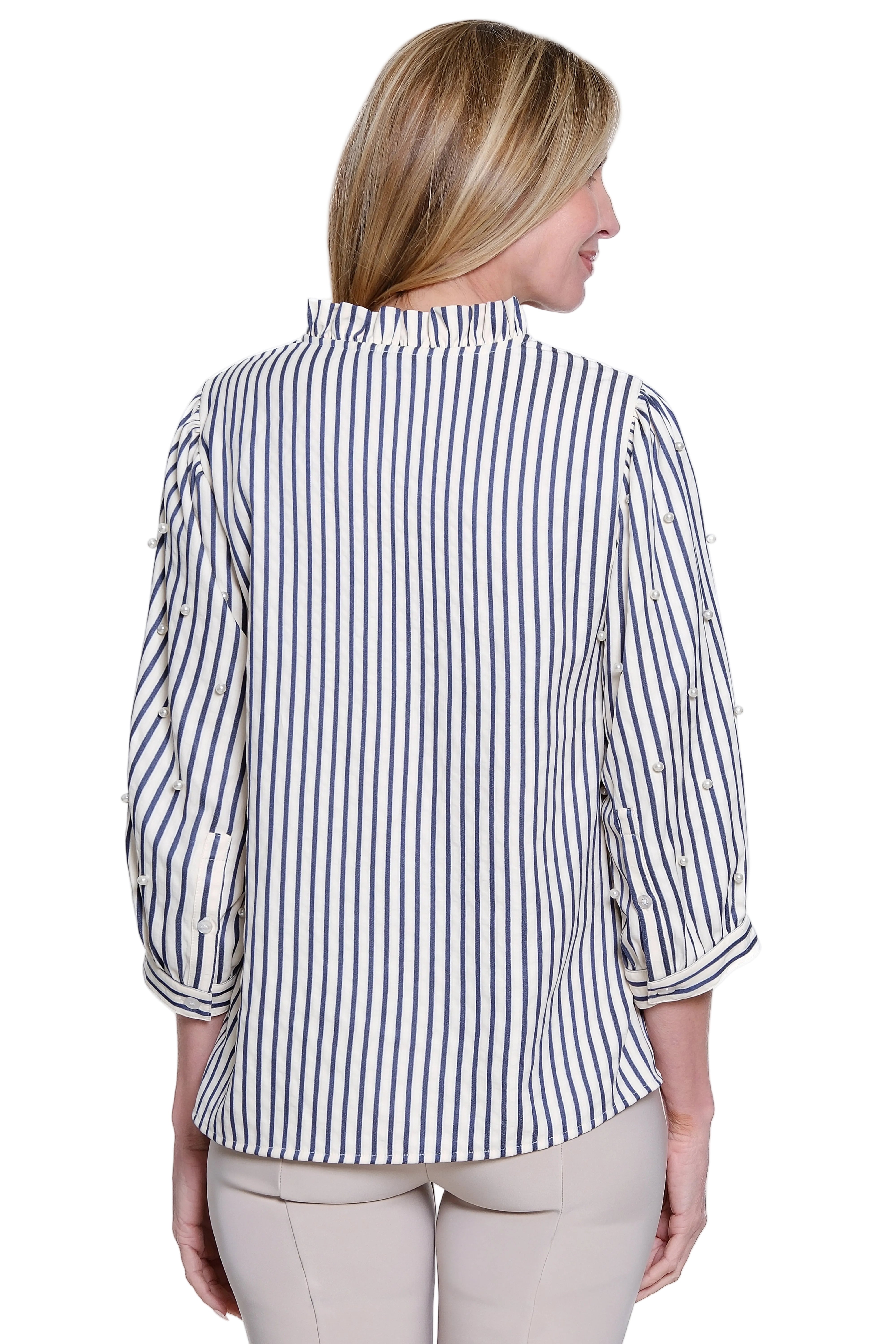 Ali Miles Yard Dyed Textured Pearl Button sleeve  Top (A36717BM) (Stripe)