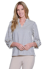 Ali Miles Yard Dyed Textured Pearl Button sleeve  Top (A36717BM) (Stripe)