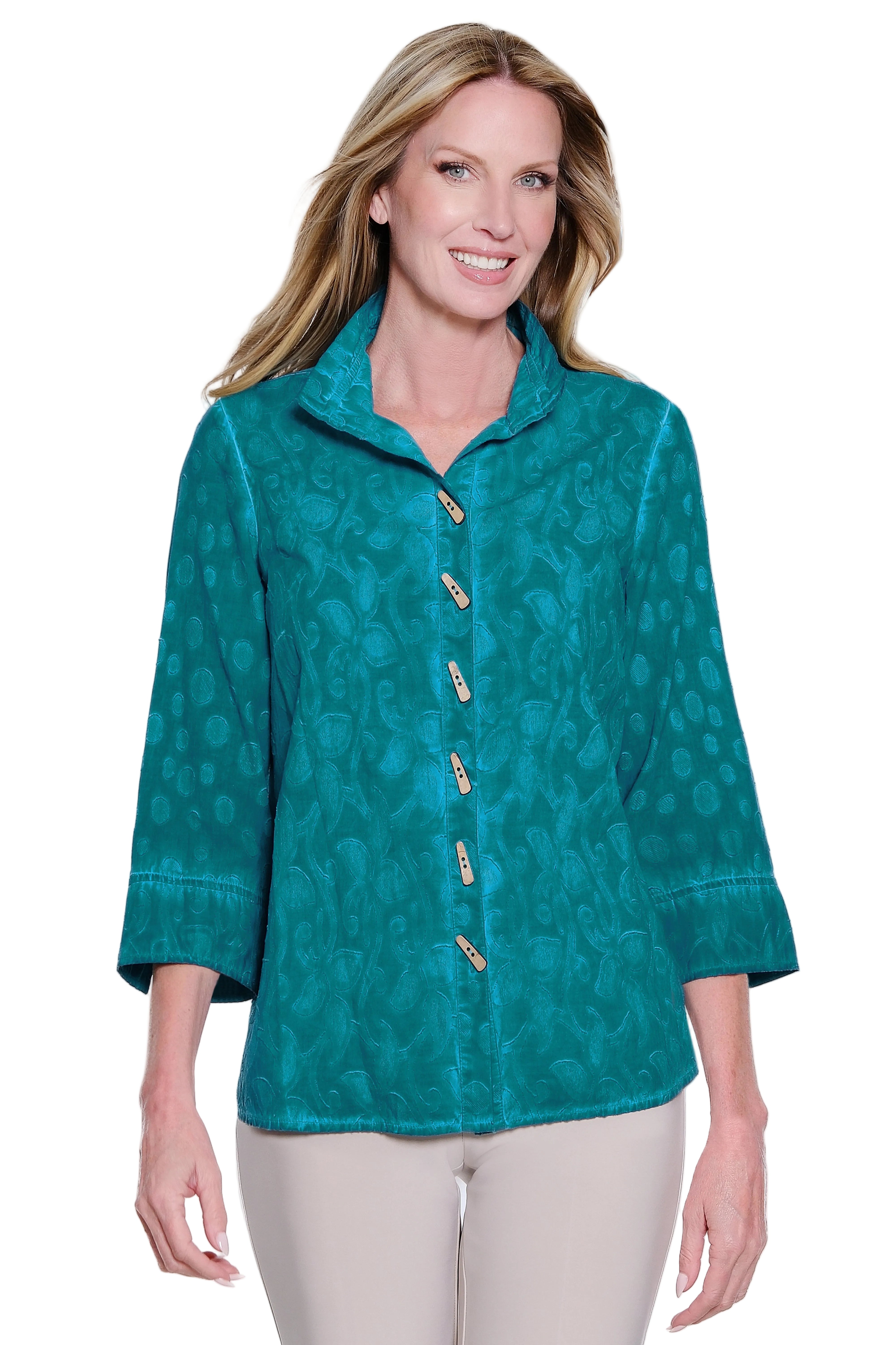 Ali Miles Woven Textured Jacquard Button Front Top (A36720BM) (Peacock)