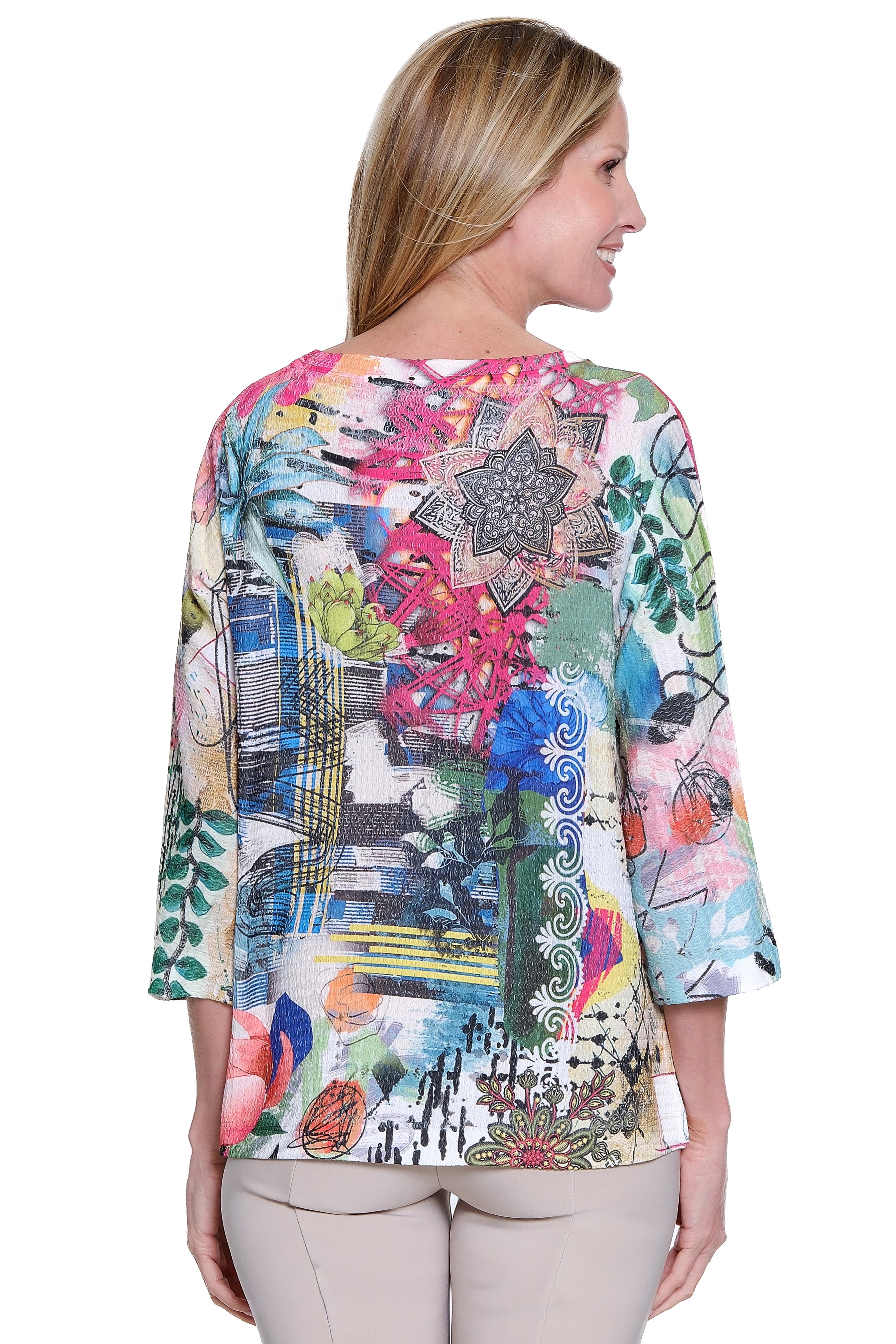 Ali Miles Printed Textured Knit 3/4 Dolman Sleeves Top (A36721TM) (Multi)