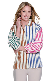 Ali Miles Yarn Dyed Textured Woven Button Front 3/4 Sleeve Top (A36724BM) (Stripe)