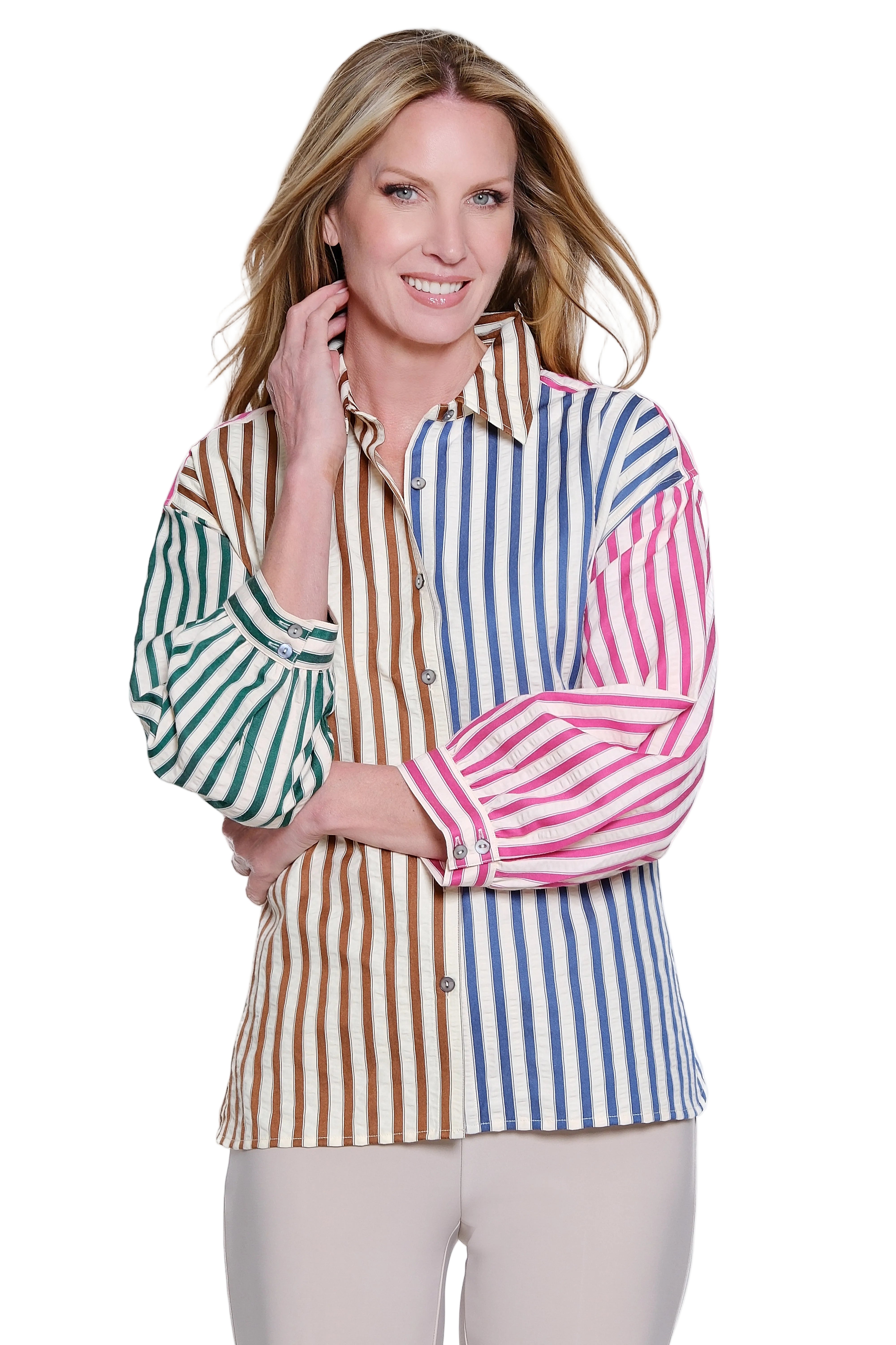 Ali Miles Yarn Dyed Textured Woven Button Front 3/4 Sleeve Top (A36724BM) (Stripe)