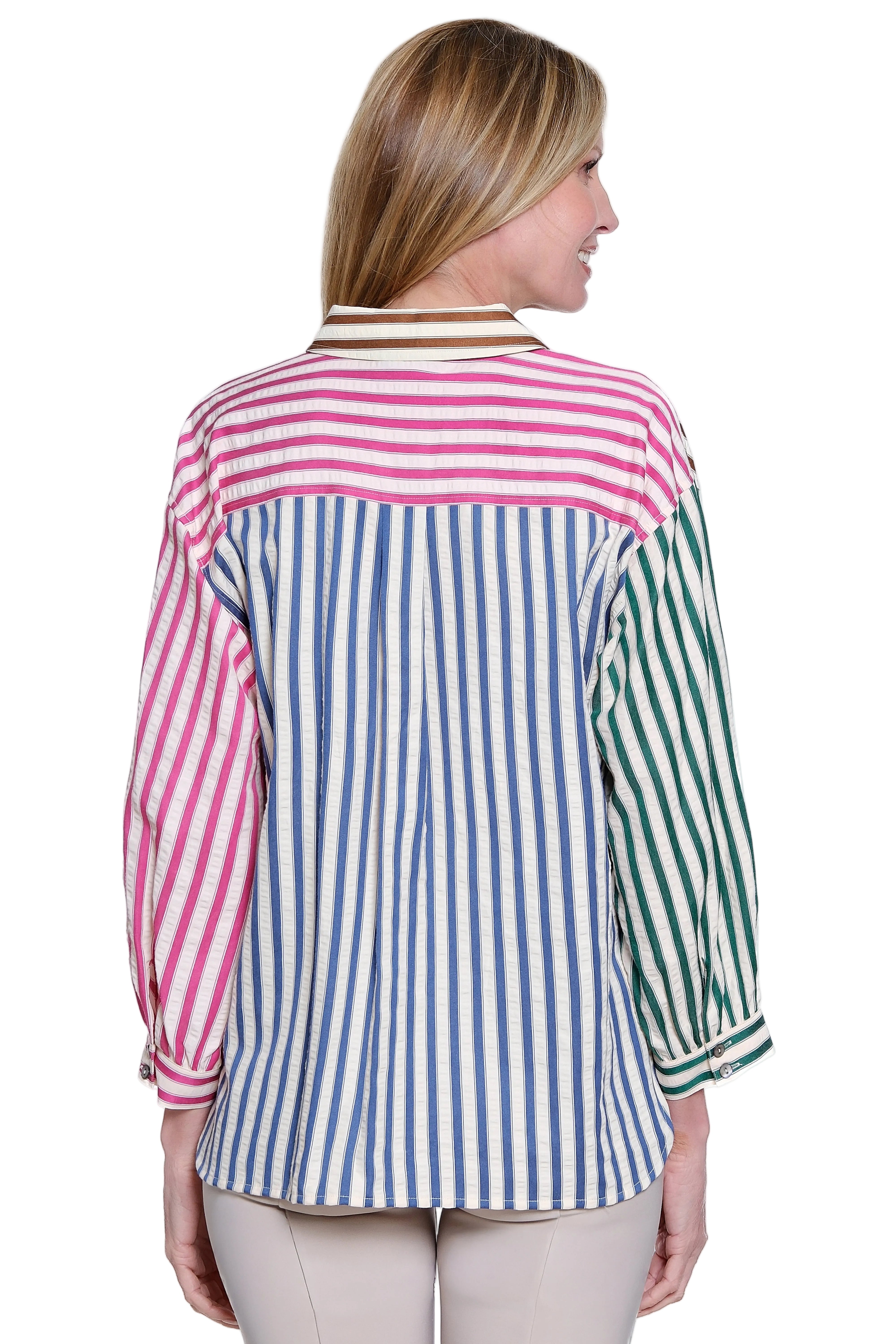 Ali Miles Yarn Dyed Textured Woven Button Front 3/4 Sleeve Top (A36724BM) (Stripe)