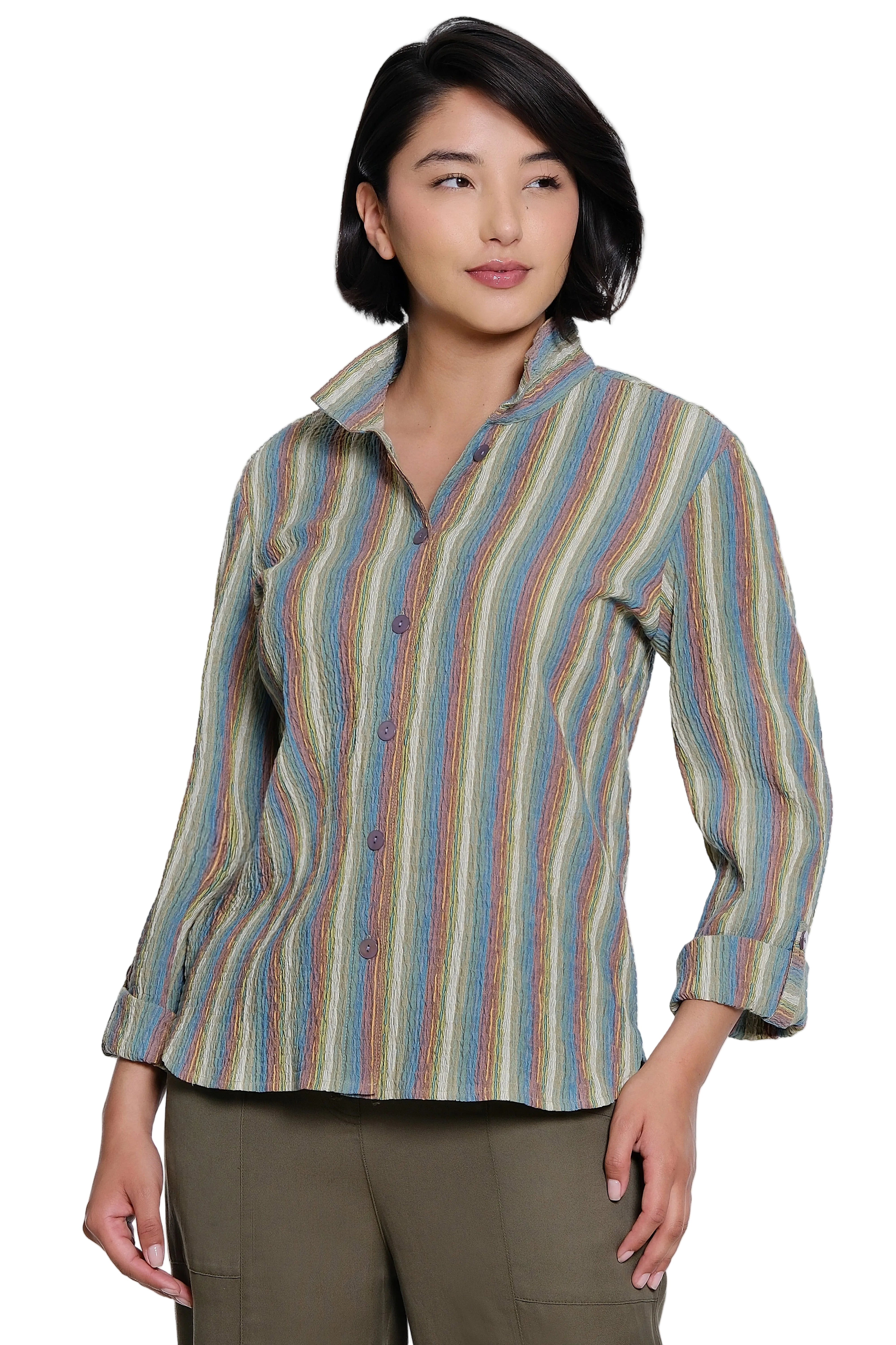 Ali Miles Woven Yarn Dyed 3/4 Sleeve Top (A36801BM) (Multi)