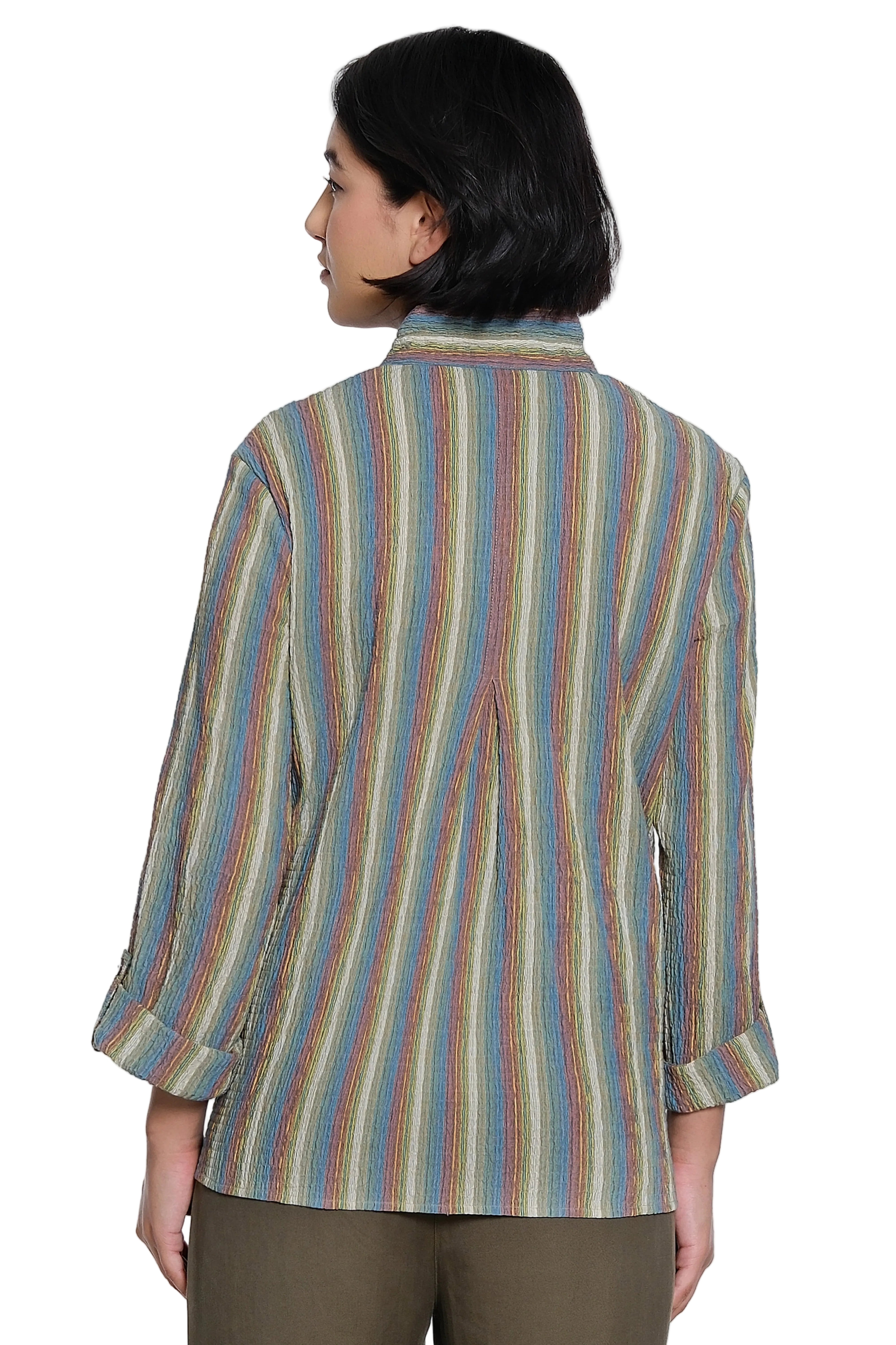 Ali Miles Woven Yarn Dyed 3/4 Sleeve Top (A36801BM) (Multi)