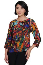 Ali Miles Printed Woven Pop Over 3/4 Sleeve Top (A36823TM) (Abstract Multi )