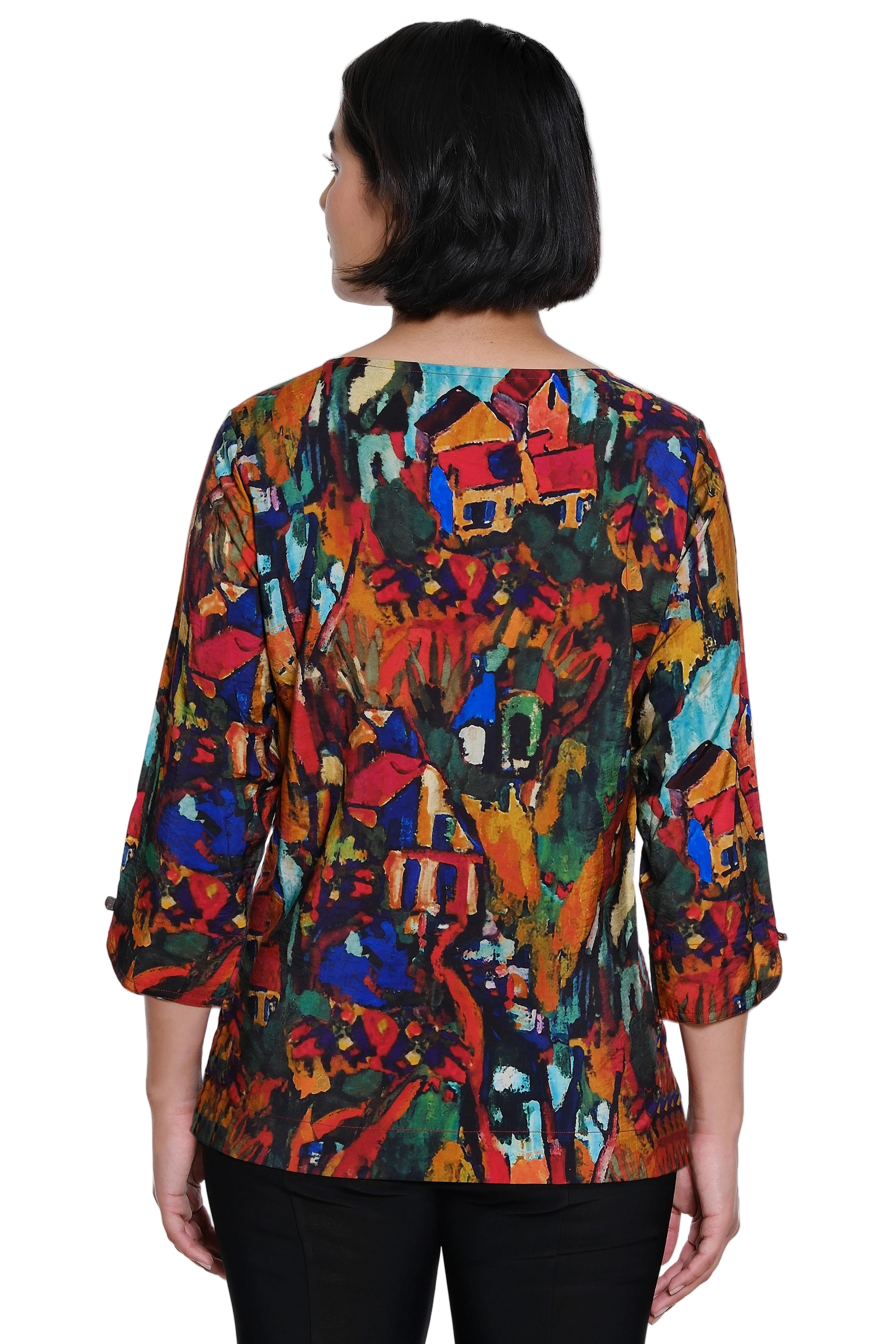 Ali Miles Printed Woven Pop Over 3/4 Sleeve Top (A36823TM) (Abstract Multi )