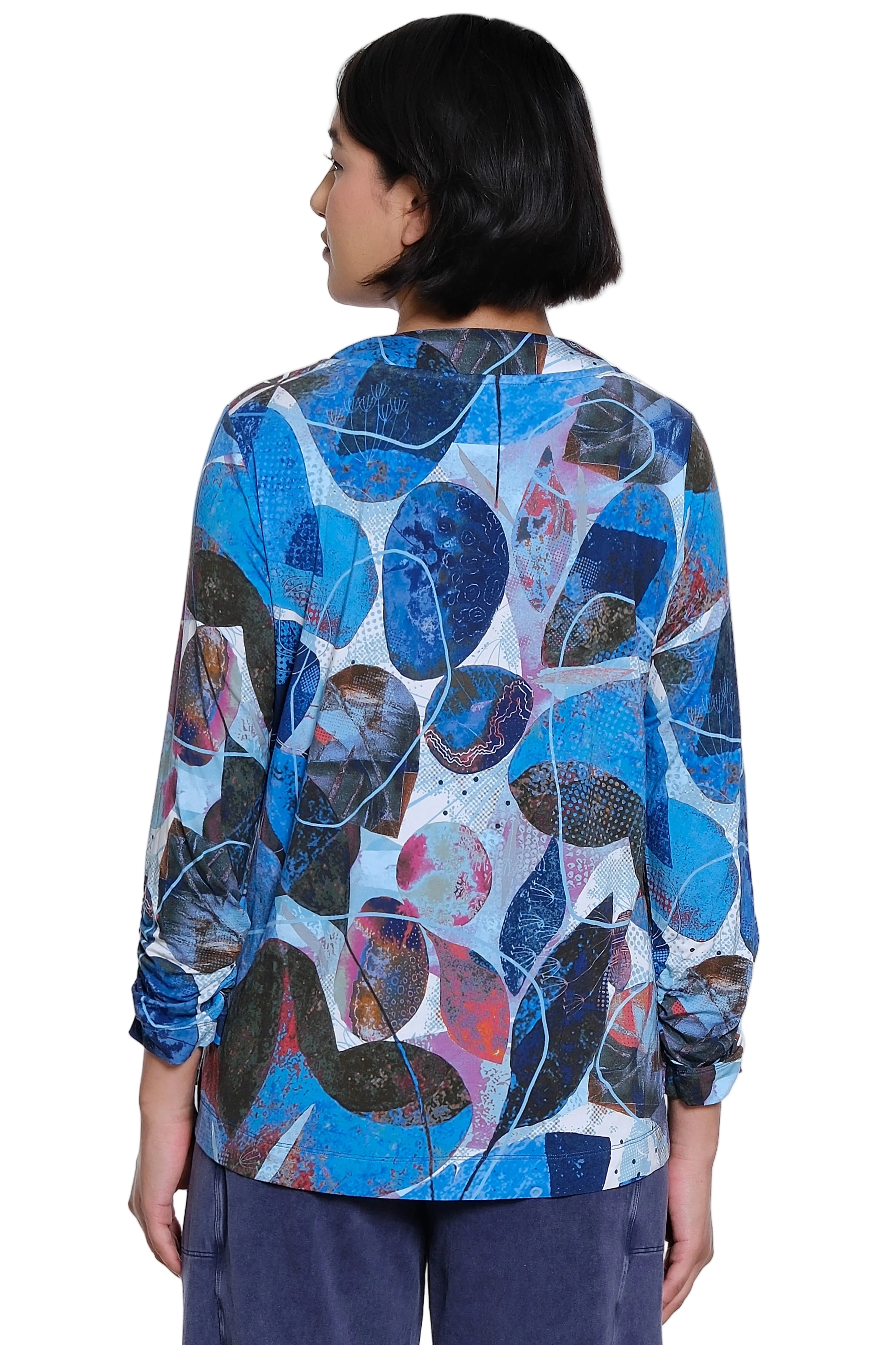 Ali Miles Printed Knit Pop Over With 3/4 Sleeves (A36826TM) (Blue Floral)