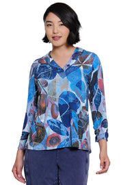 Ali Miles Printed Knit Pop Over With 3/4 Sleeves (A36826TM) (Blue Floral)