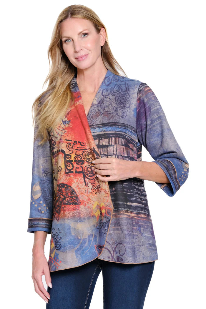 Ali Miles Abstract Multi Open Front Knit Jacket (INDY/RED)