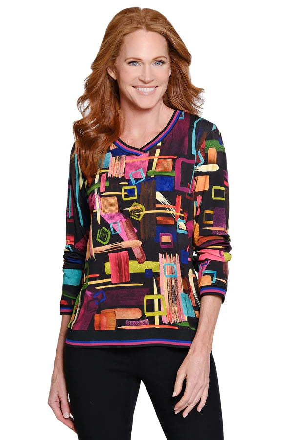 Ali Miles Abstract Multi Print Heatset Details Pop Over Tunic