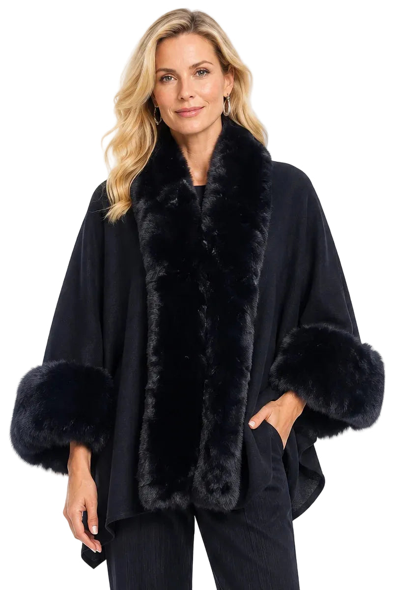 Ali Miles Knit Open Front Jacket With Plush Trim Long Sleeves With Cuffs (A46605JM) (Black)