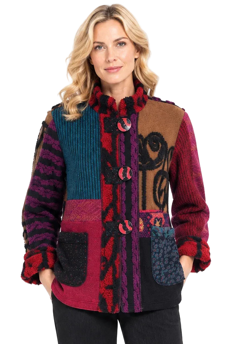 Ali Miles Woven Mixed Media Button Front Jacket With Mandarin Collar (A46608JM) (Multi)