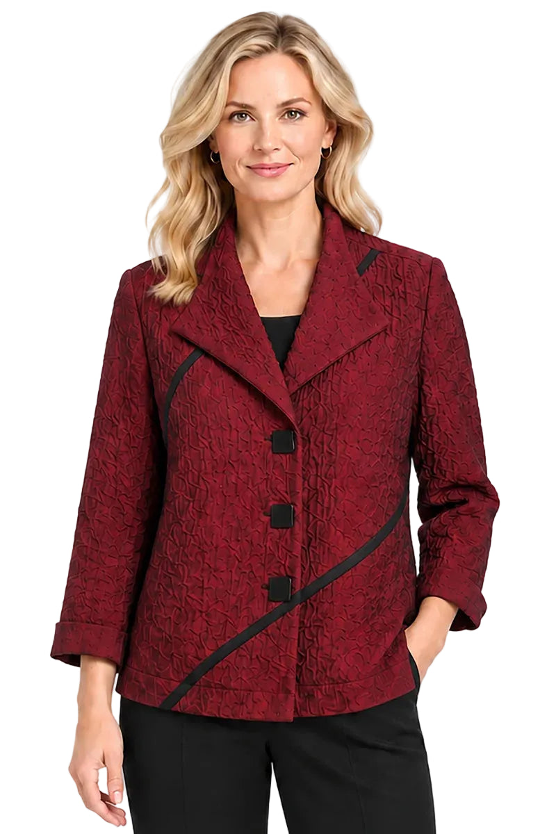 Ali Miles Woven Textured Button Front Jacket, Point Collar, Long Sleeves (A46623JM) (Fiery Red)