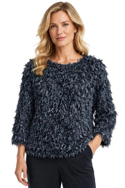 Ali Miles Knit Textured Shaggy Pop-Over, Round Neckline, Long Sleeves (A46627TM) (Black)