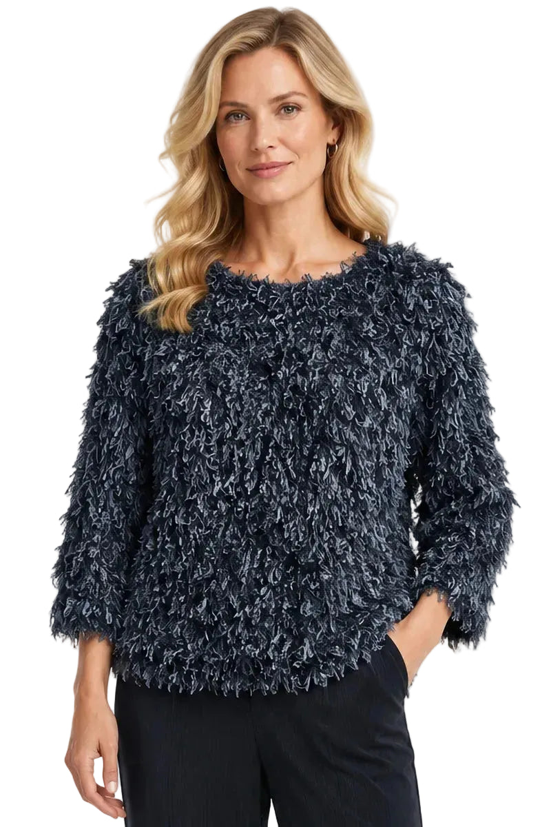 Ali Miles Knit Textured Shaggy Pop-Over, Round Neckline, Long Sleeves (A46627TM) (Black)