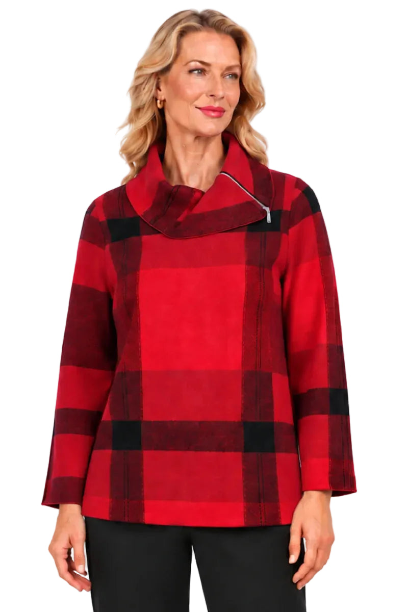 Ali Miles Knit Plaid Pop-Over Tunic (A46655KM)(Red Plaid)