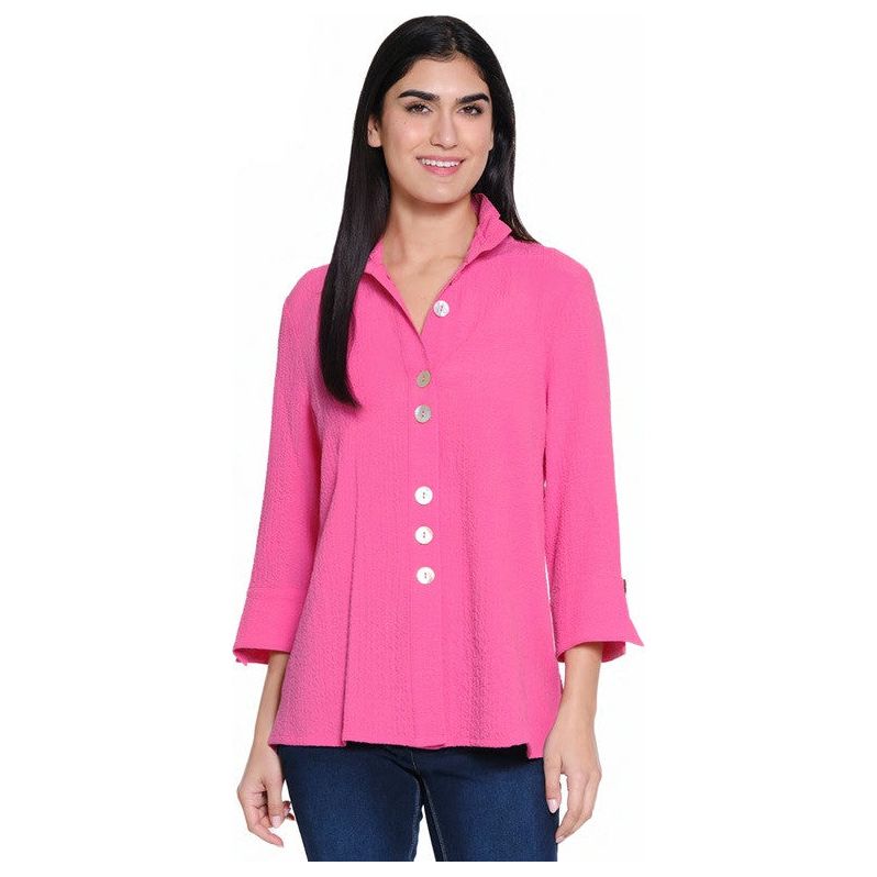 Ali Miles Woven Button Front Ruffle Collar Solid Shirt (PNK)