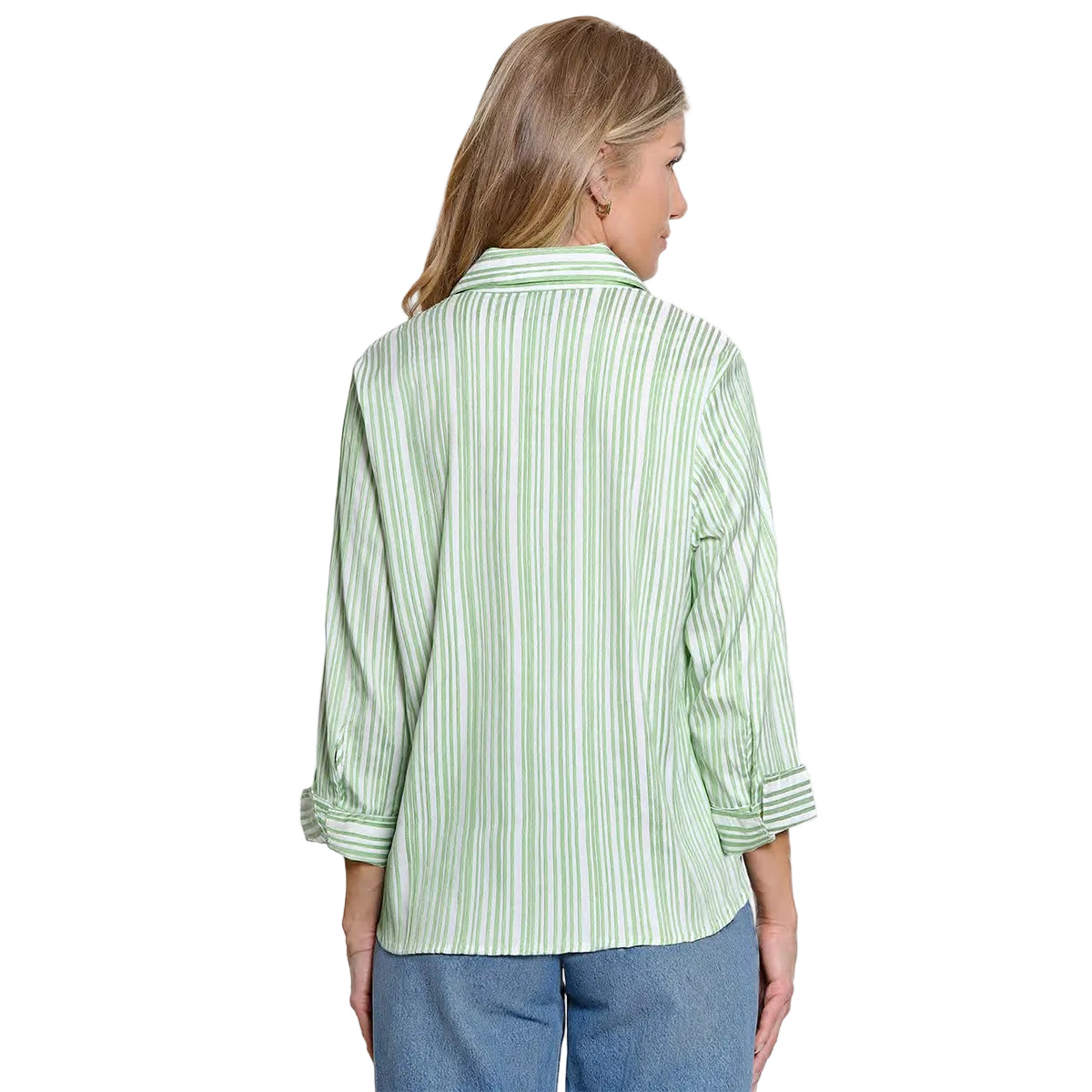 Ali Miles Textured Satin Yarn Dyed Vertical Stripe Button Up Top (A55115TM)(Mint)