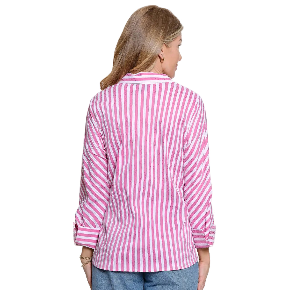 Ali Miles Woven Jacquard Pop-over top (A56116TM)(Raspberry Stripe)