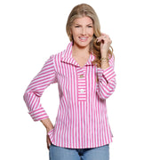 Ali Miles Woven Jacquard Pop-over top (A56116TM)(Raspberry Stripe)