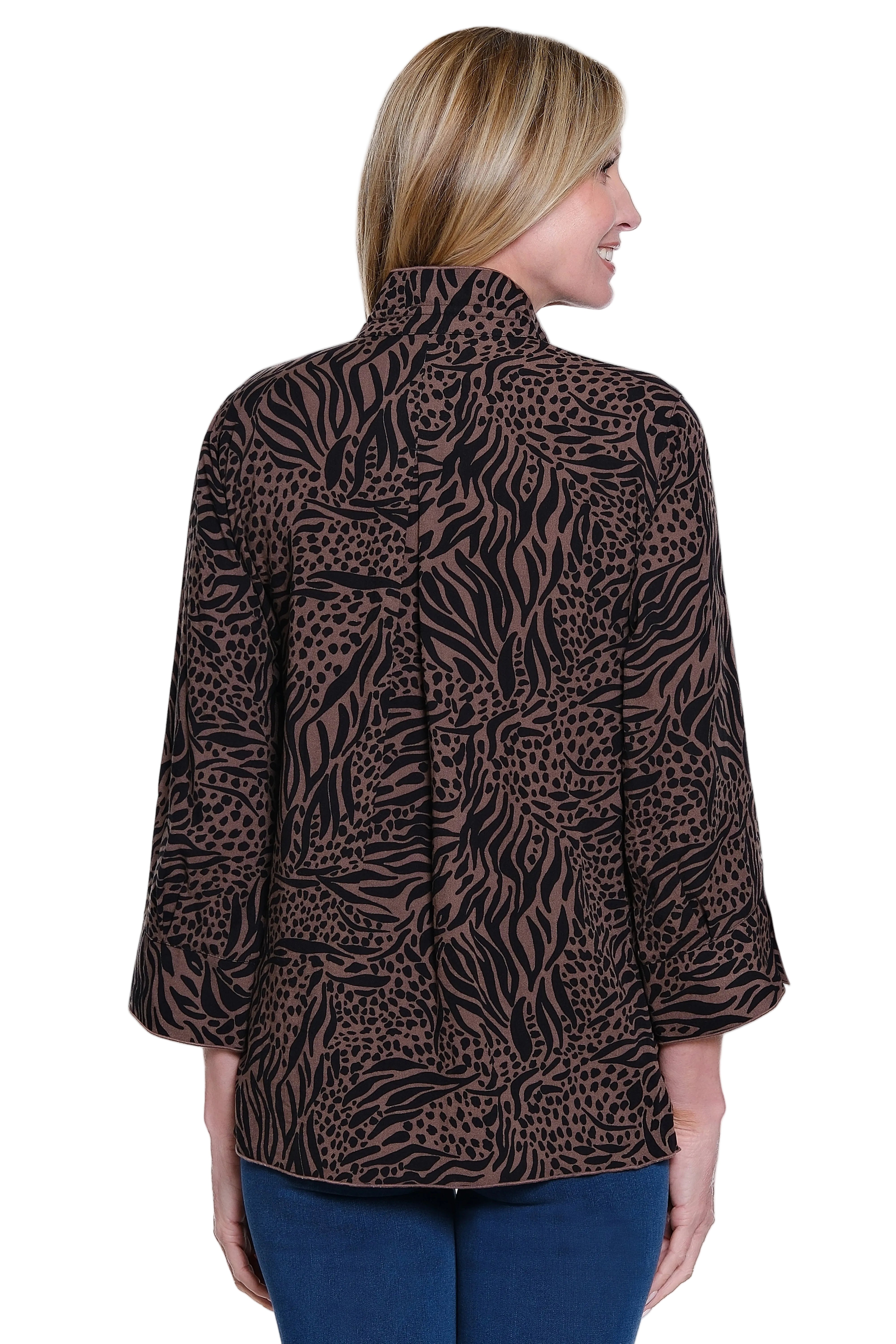 Ali Miles Woven Button Front 3/4 Sleeve Tunic (A66103BM) (Chocolate)