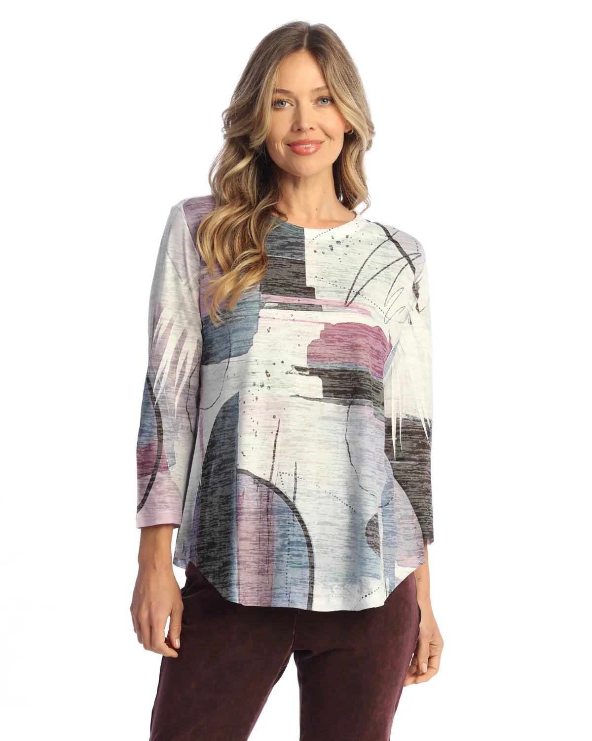 Jess & Jane Studio 3/4 sleeve Burn Out Round Hem Tunic Top (AJ2-2134)