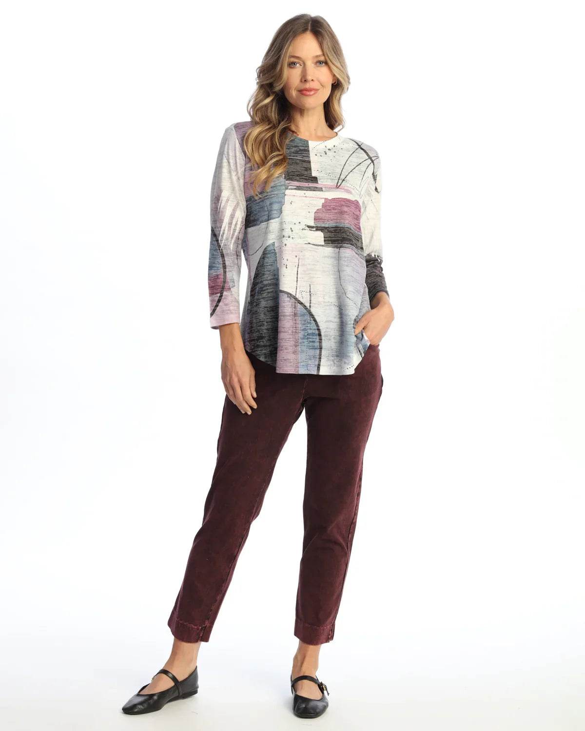 Jess & Jane Studio 3/4 sleeve Burn Out Round Hem Tunic Top (AJ2-2134)