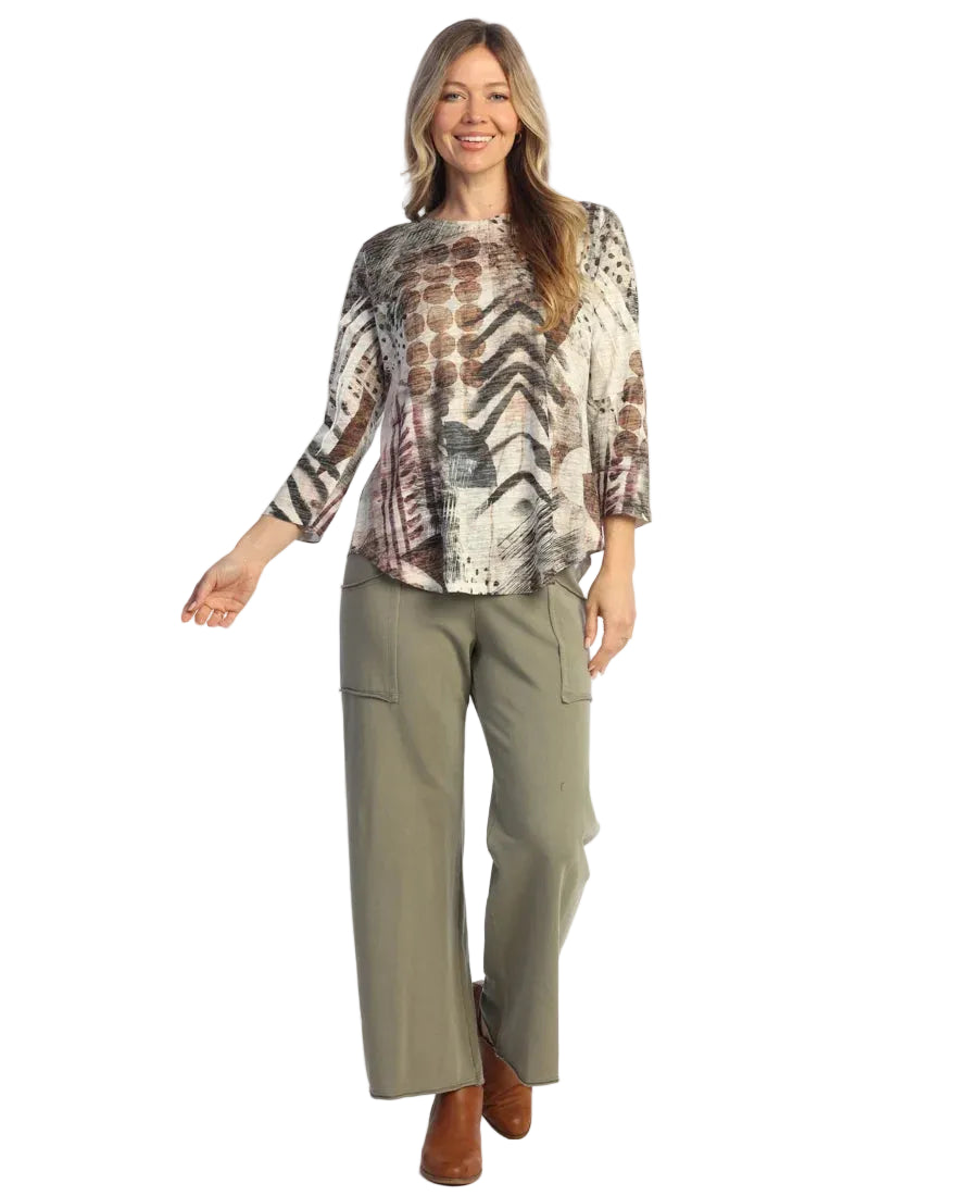 Jess & Jane Nomadic 3/4 sleeve Burn Out Round Hem Tunic Top (AJ2-2238)