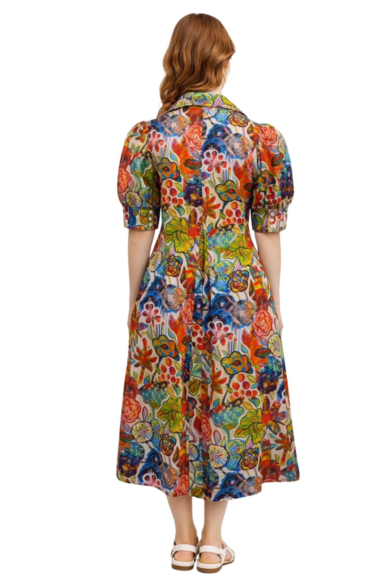 Lior Pointed Collar Short Sleeve Dress (AMBER-21-AR) (Abstract Floral)