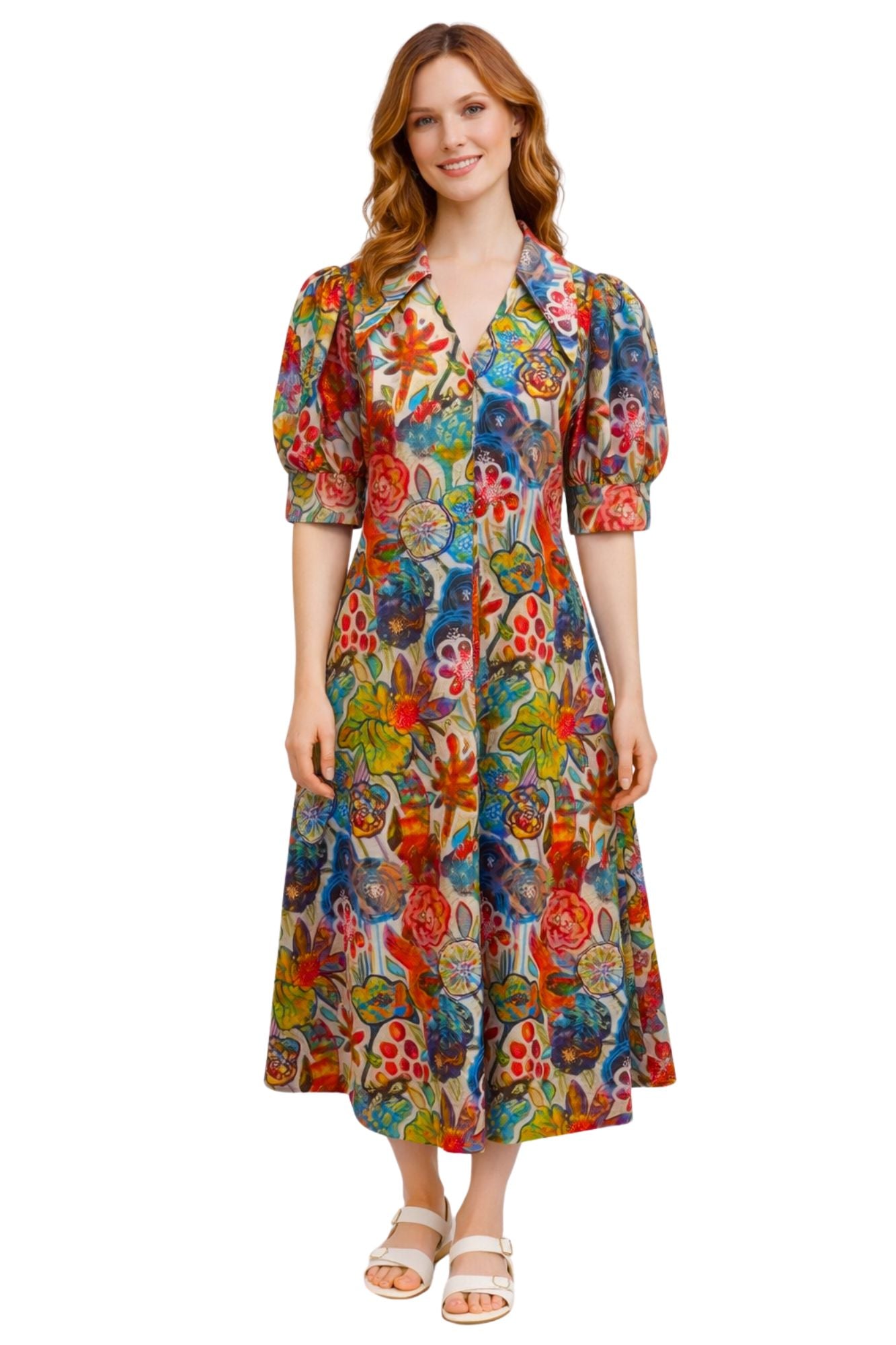 Lior Pointed Collar Short Sleeve Dress (AMBER-21-AR) (Abstract Floral)
