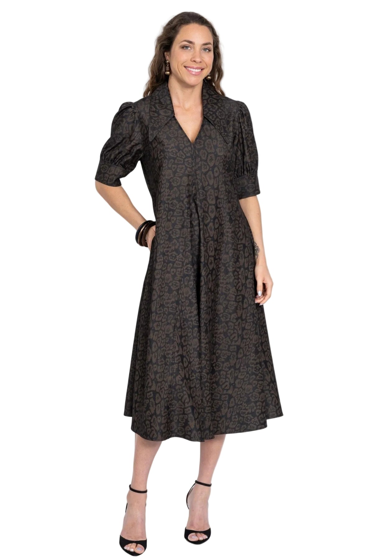 Lior Amber Animal Print Point Collar Dress (Mocha)(Amber-23)