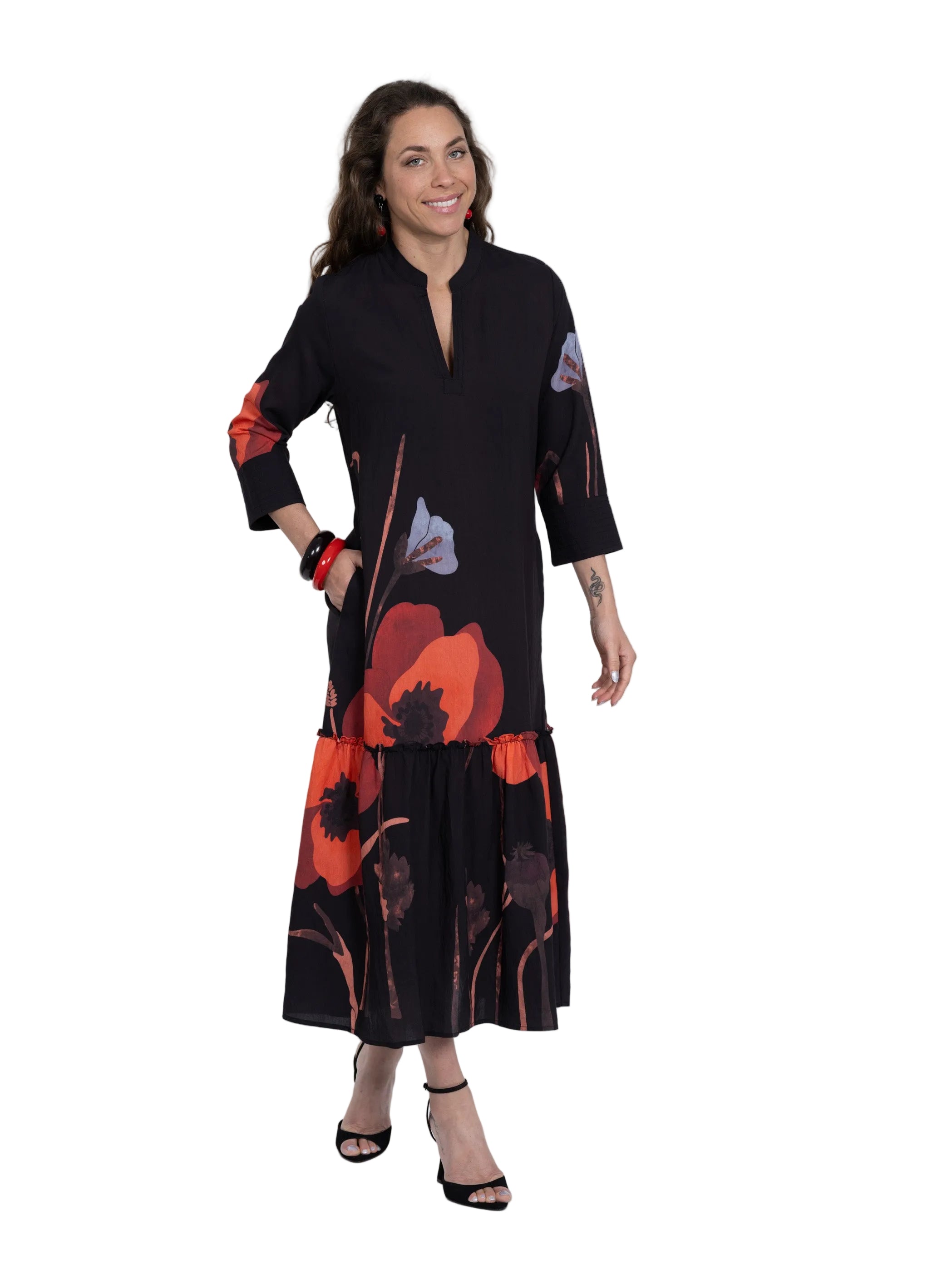 Lior Long Dress With Stitch Cuff (Amsterdam-12-AR) (Black/Coral Blossom)