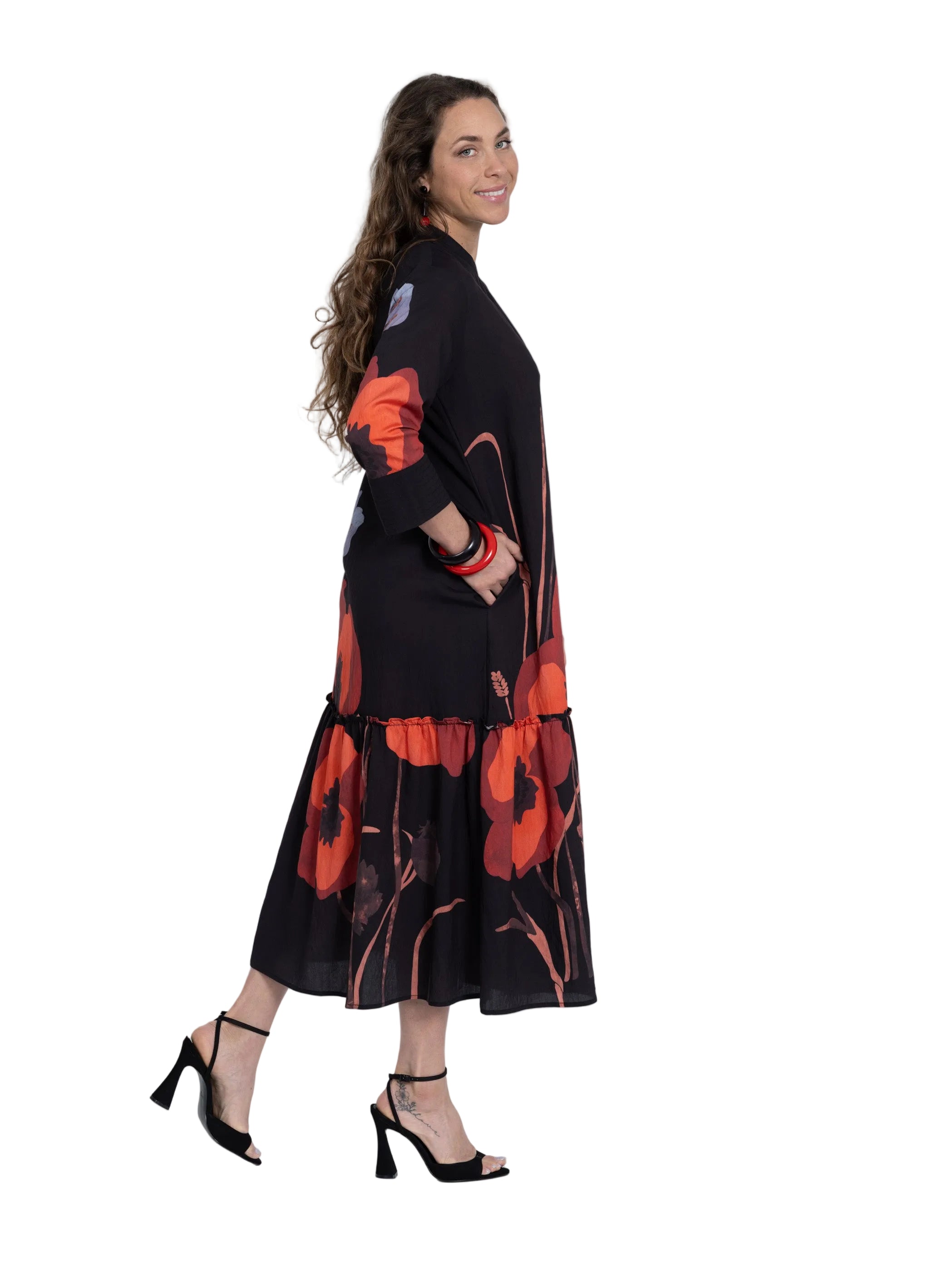 Lior Long Dress With Stitch Cuff (Amsterdam-12-AR) (Black/Coral Blossom)