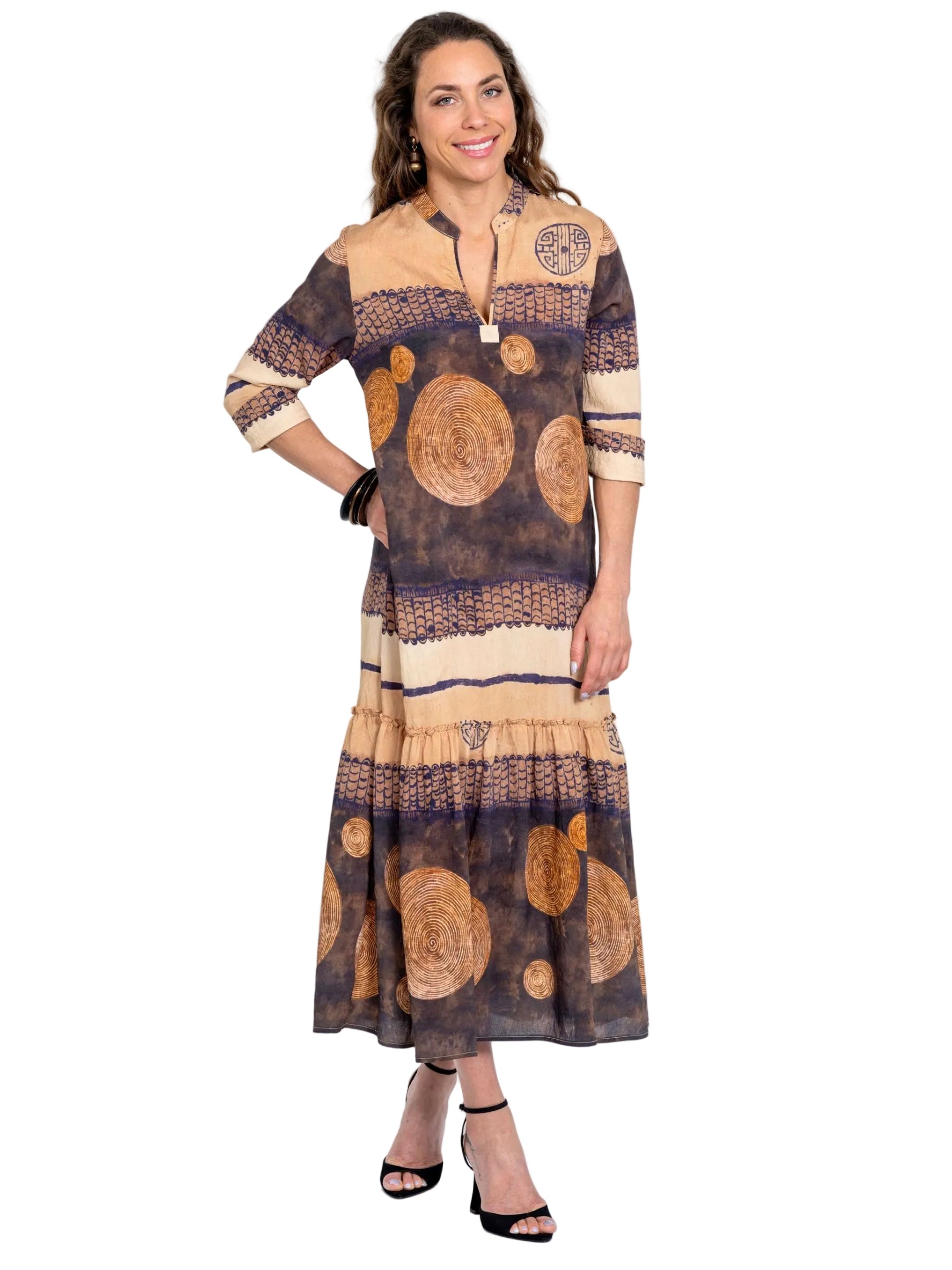 Lior Long Dress With Stitch Cuff (Amsterdam-14-AR) (Indian River Print)