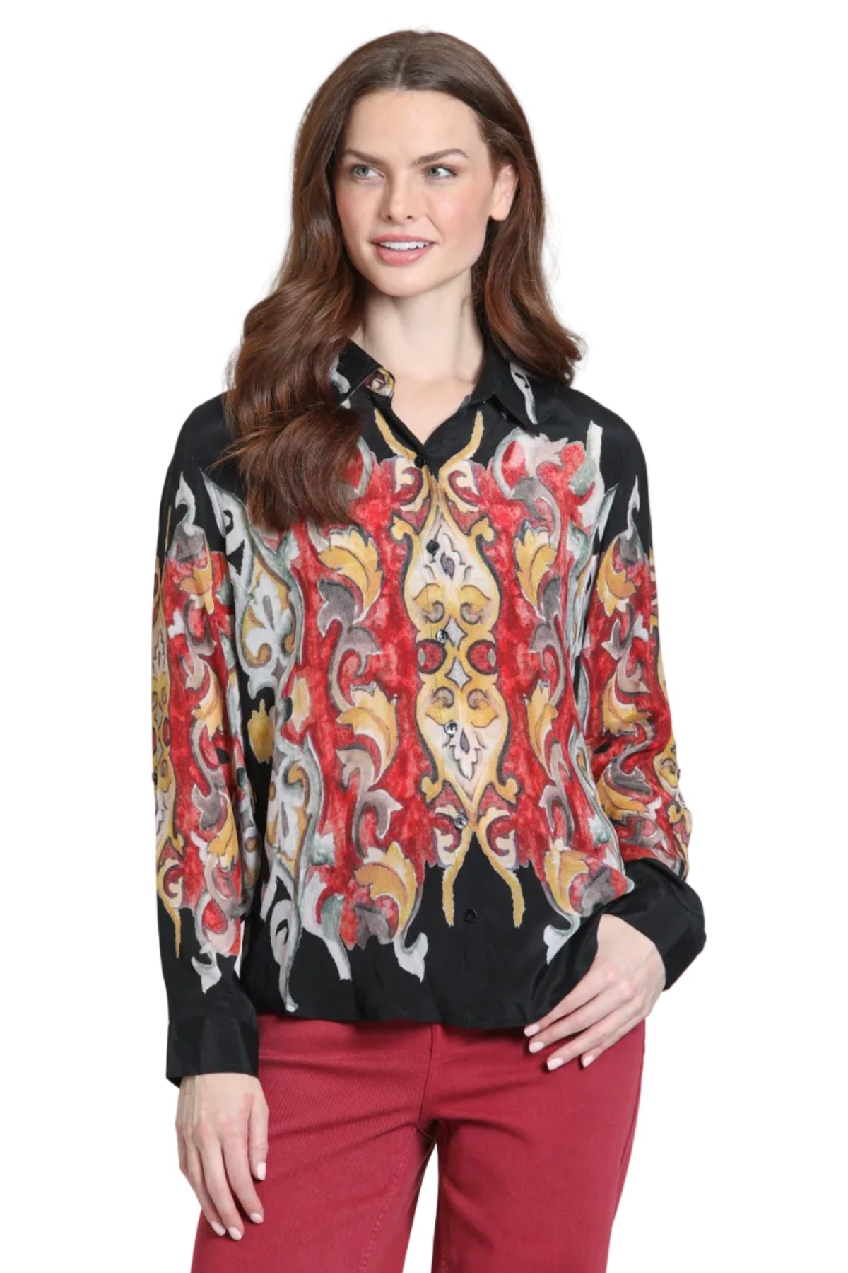 APNY Button-up Top With Roll-up Sleeve Shirt (B-52P/C-987D/NC) (Crimson & Guilded Onyx)