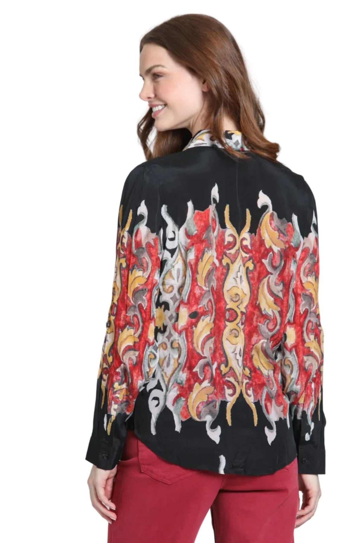 APNY Button-up Top With Roll-up Sleeve Shirt (B-52P/C-987D/NC) (Crimson & Guilded Onyx)