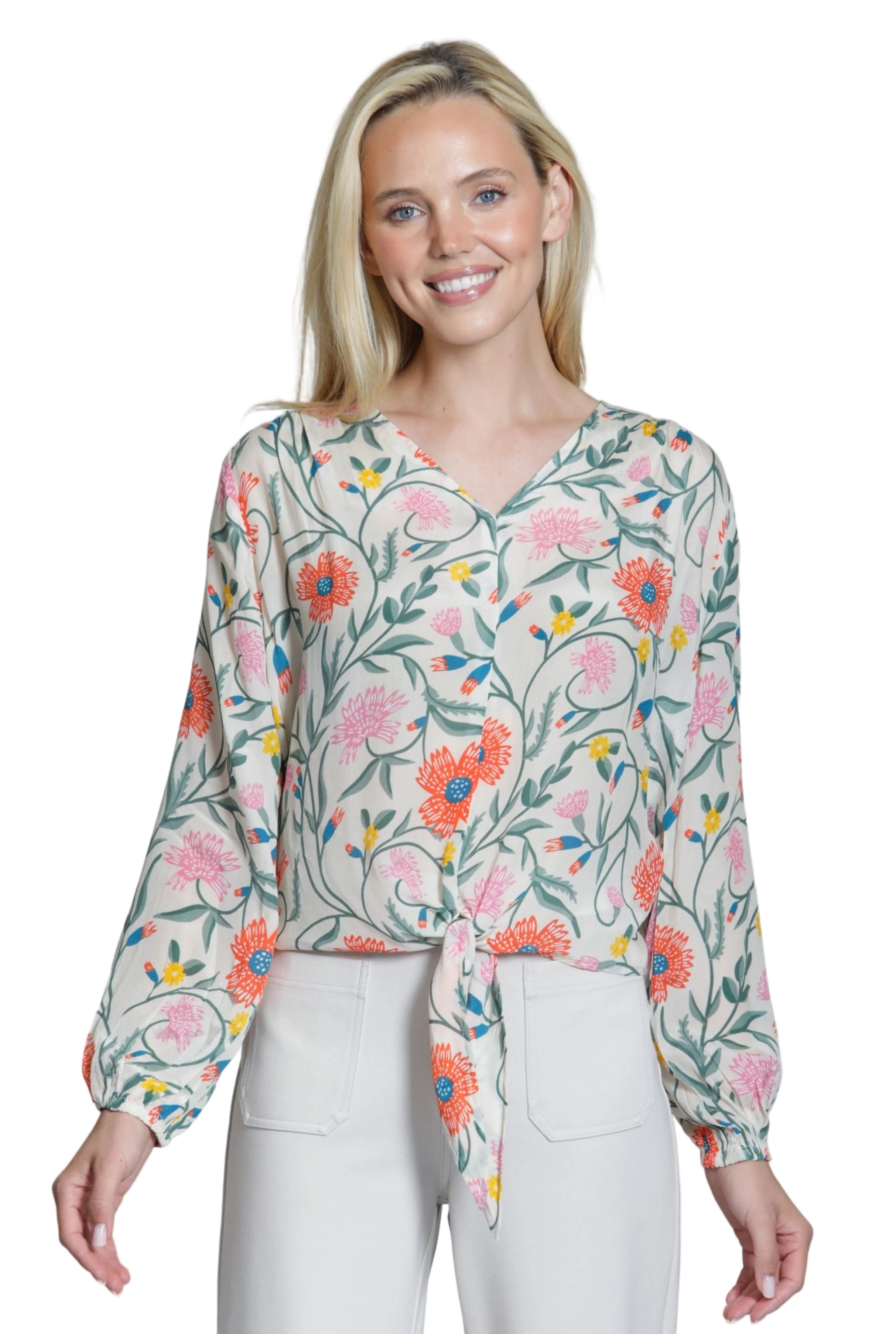 APNY V-Neck Tie front Pullover Floral  Vine Top (B-54P/C-728D/NC (Blush/Multi)