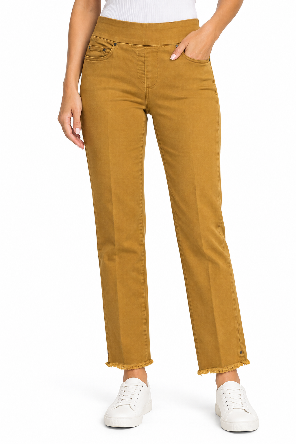 Multiples Woven Pull-on 5 Pocket Fringe Hem Ankle Pant (M30714PM) (Caramel)